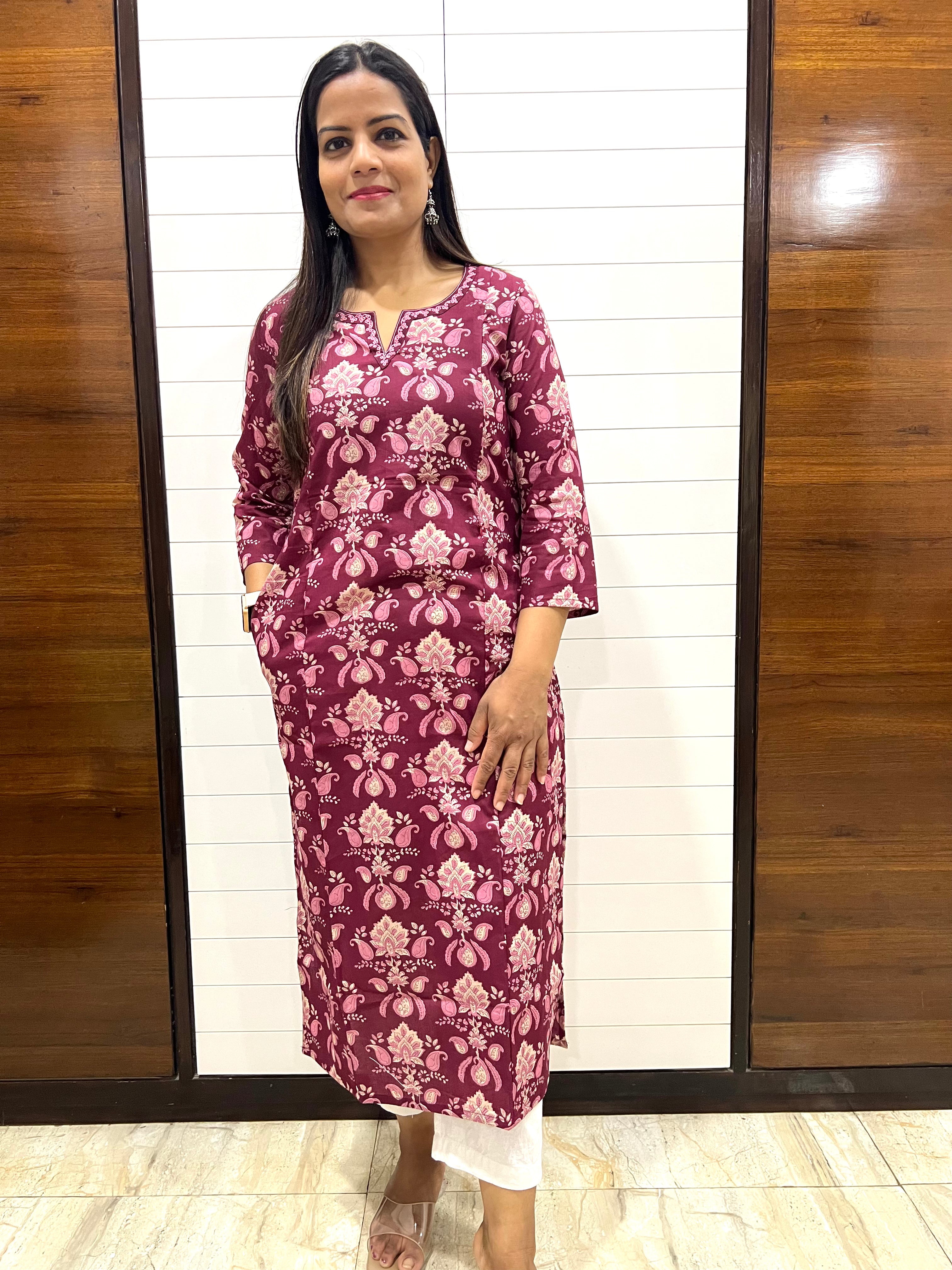 Mumzhug Wine Color  Pure Cotton Jaipuri Floral Print Feeding Kurta with Side Pocket