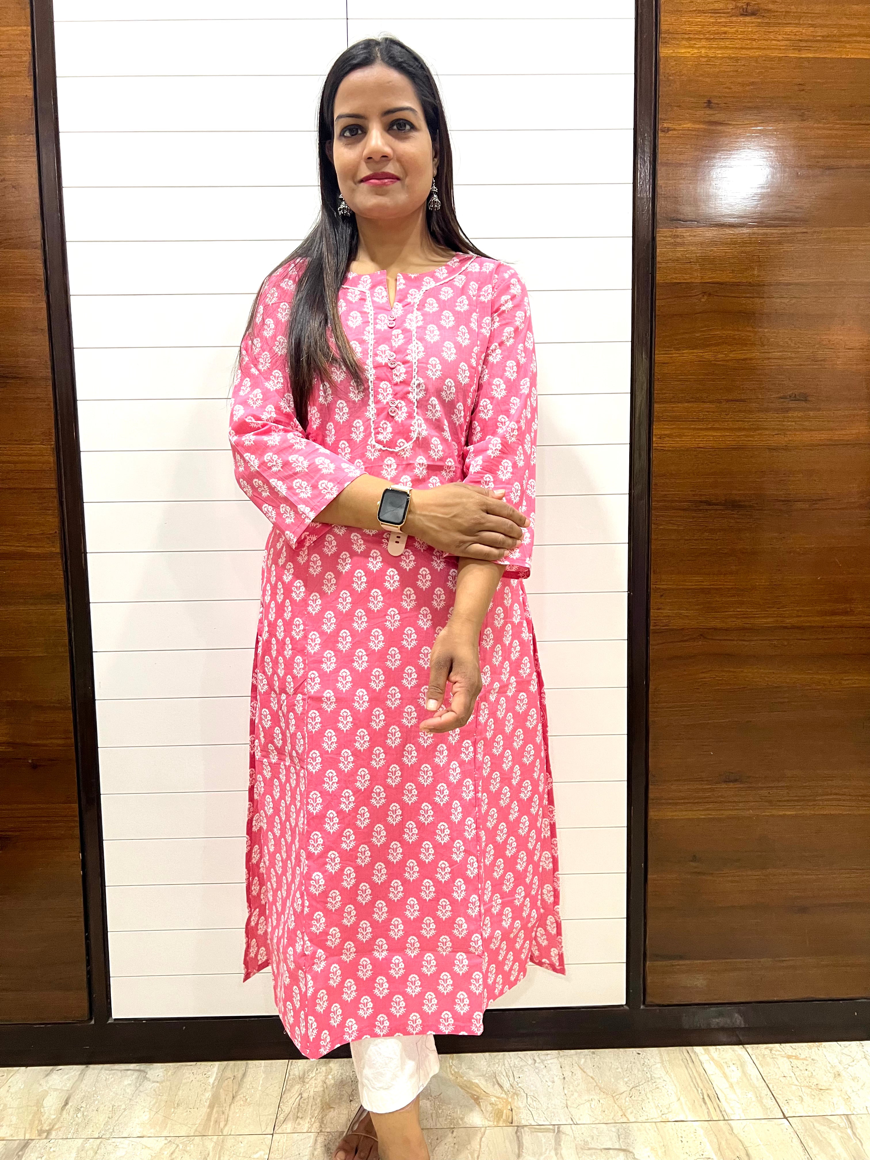 Mumzhug Pink Color Pure Cotton Jaipuri Print Feeding Kurta with Side Pocket