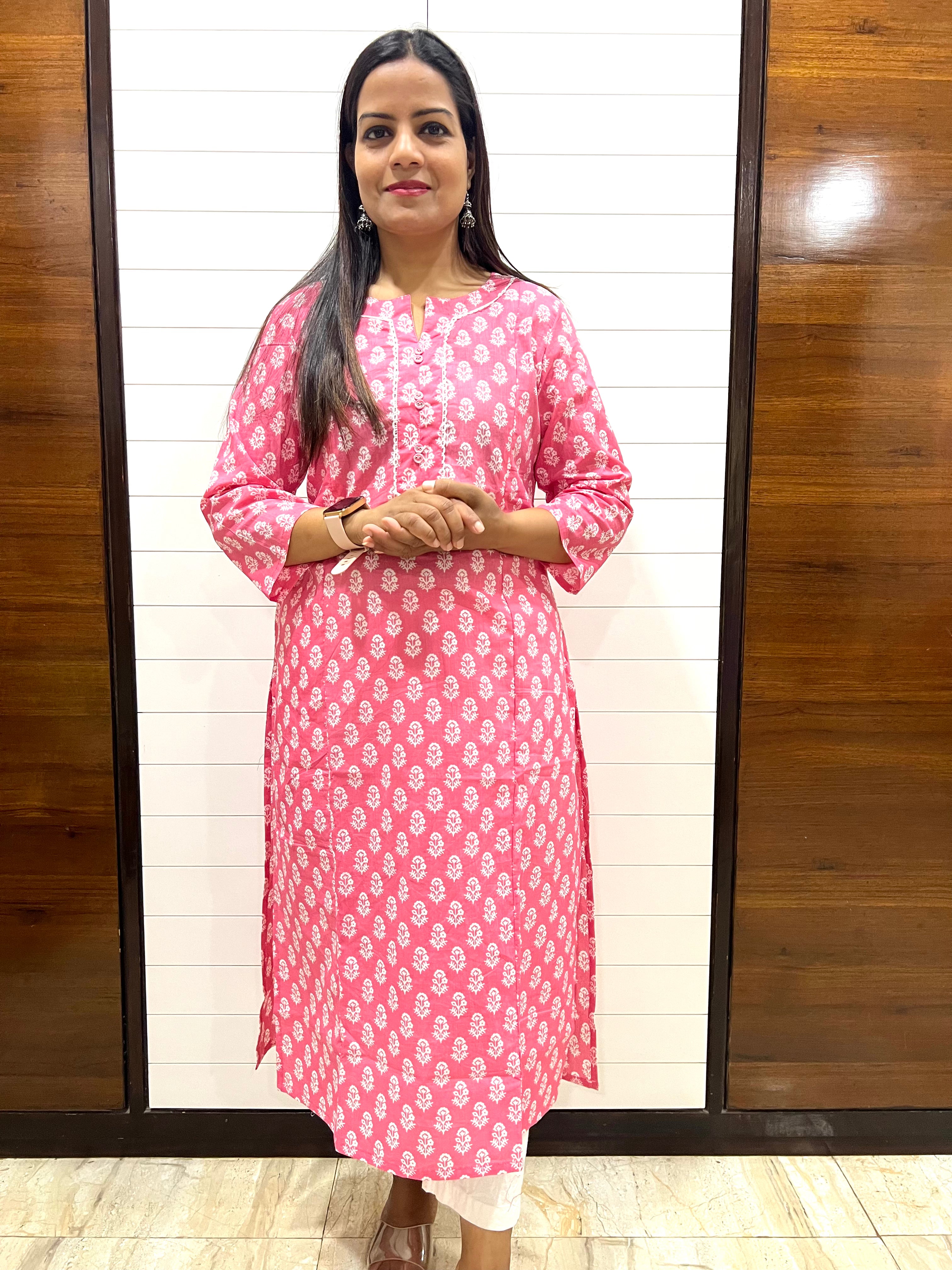 Mumzhug Pink Color Pure Cotton Jaipuri Print Feeding Kurta with Side Pocket
