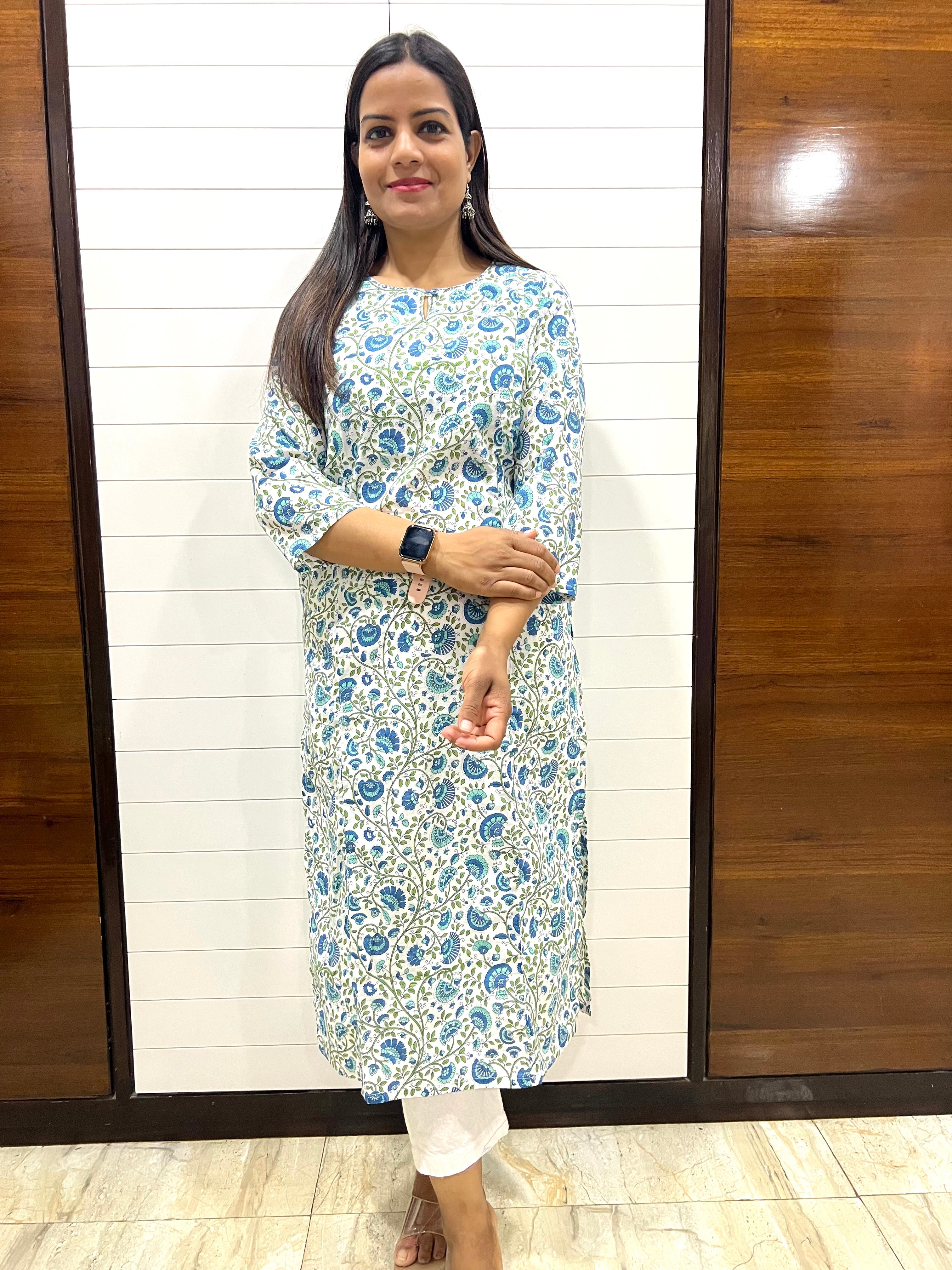 Mumzhug White Color Pure Cotton Jaipuri Print Feeding Kurta with Side Pocket