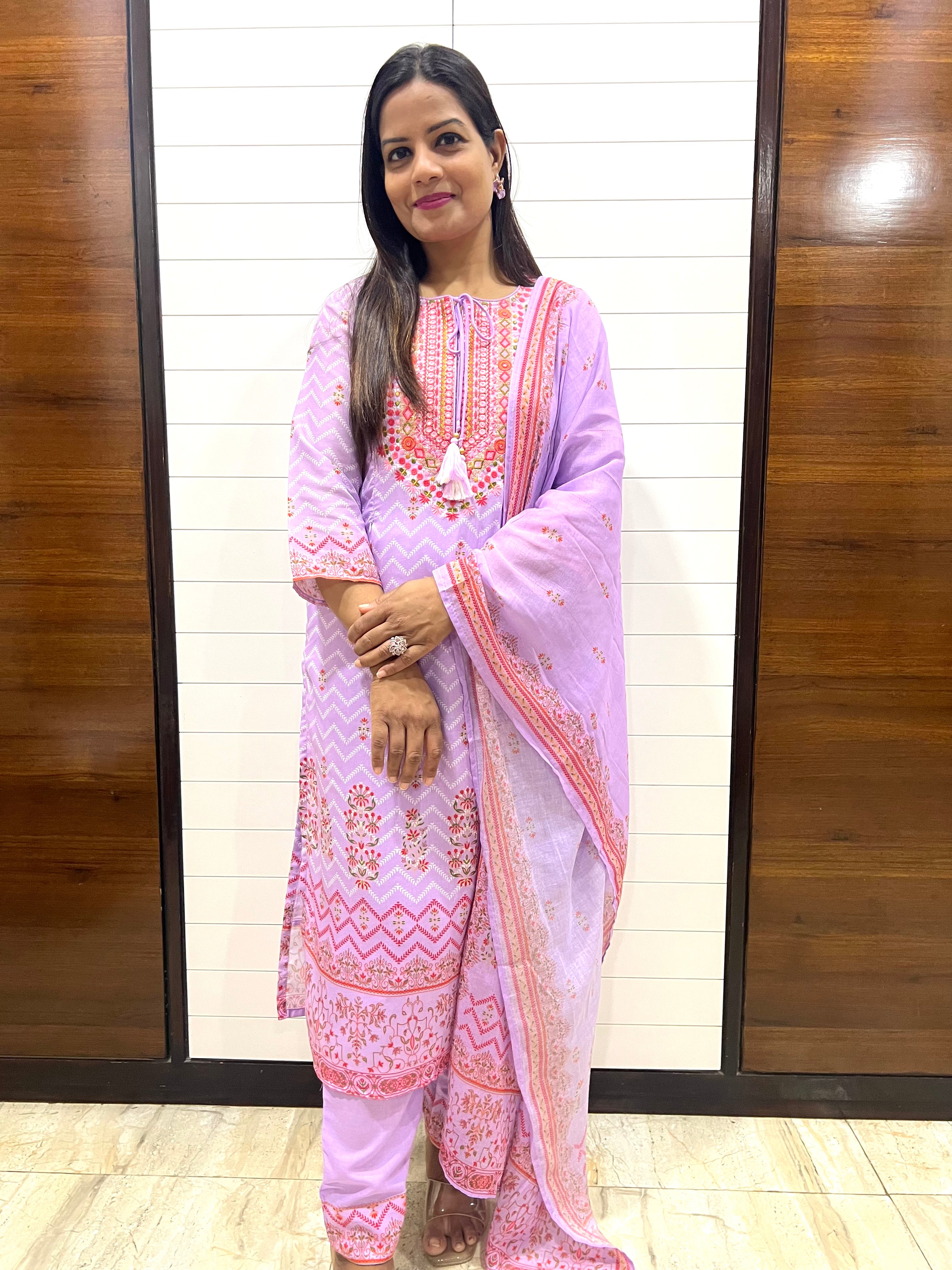 Mumzhug Blend Cotton Detailed Embroidered Kurta Pant and Dupatta Set with Attached Lining