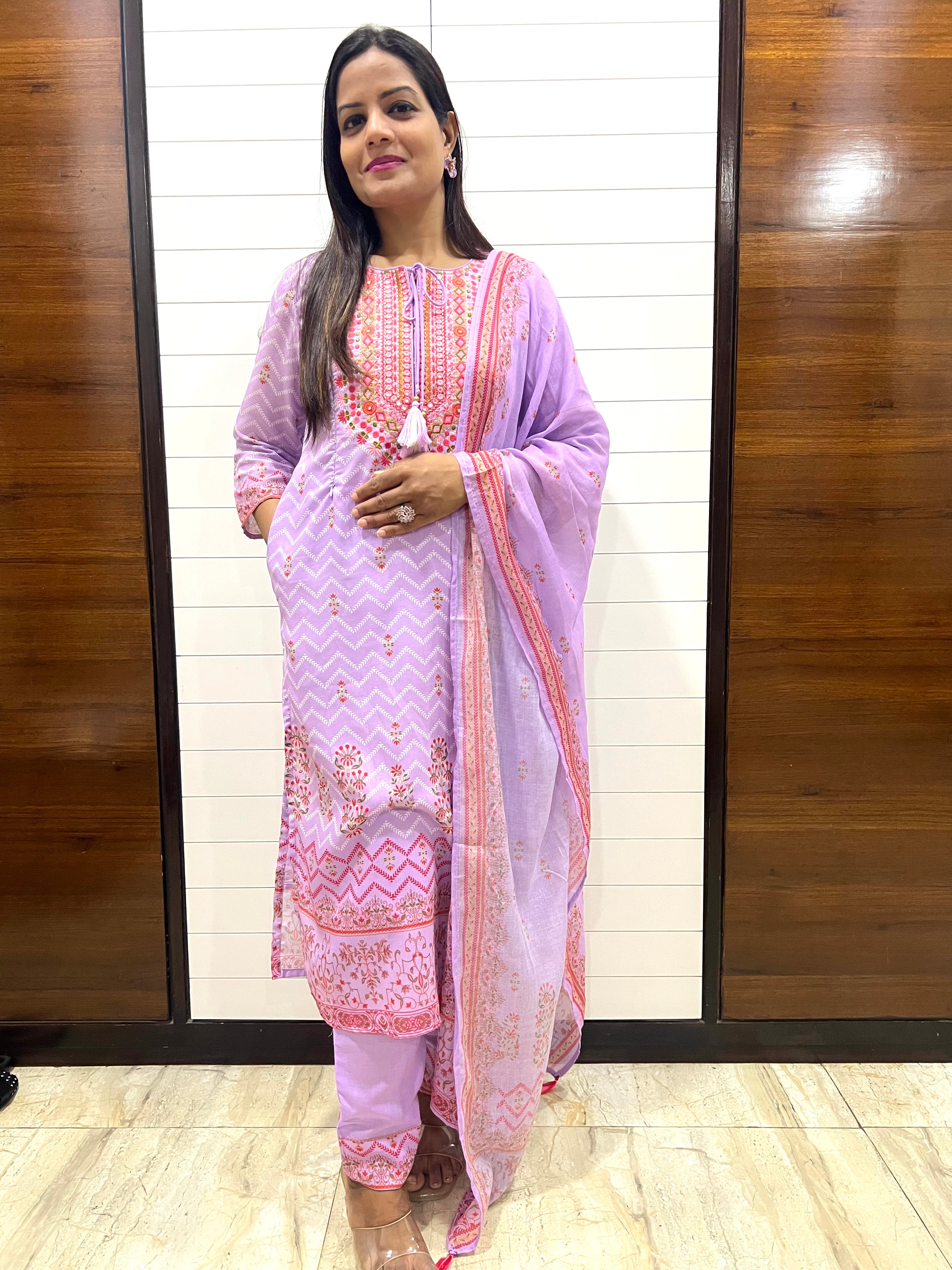 Mumzhug Blend Cotton Detailed Embroidered Kurta Pant and Dupatta Set with Attached Lining
