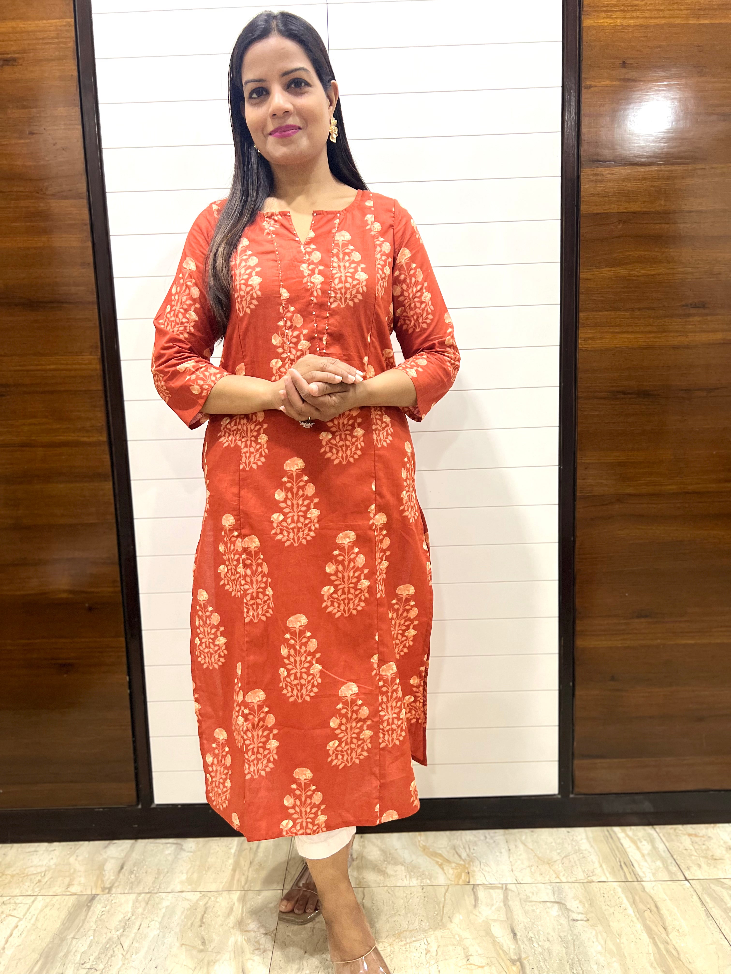 Mumzhug Rust Color Pure Cotton Jaipuri Print Feeding Kurta with Side Pocket