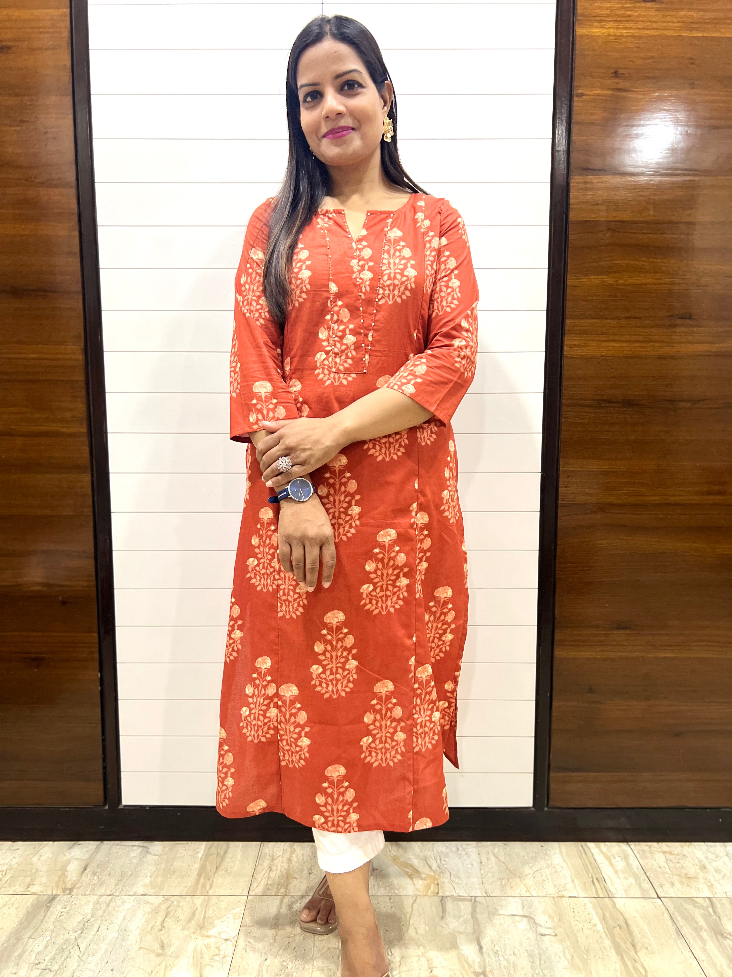 Mumzhug Rust Color Pure Cotton Jaipuri Print Feeding Kurta with Side Pocket