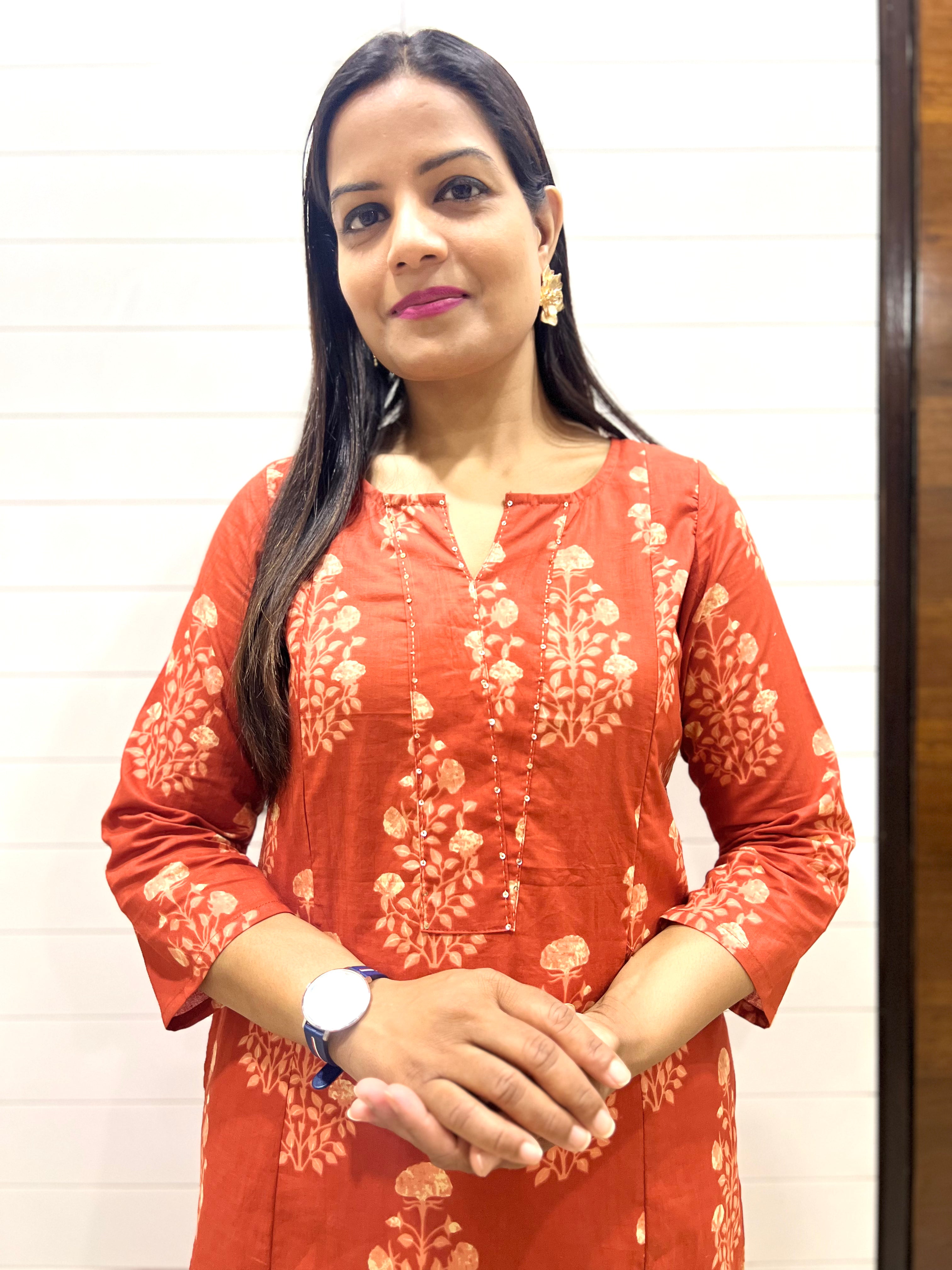 Mumzhug Rust Color Pure Cotton Jaipuri Print Feeding Kurta with Side Pocket
