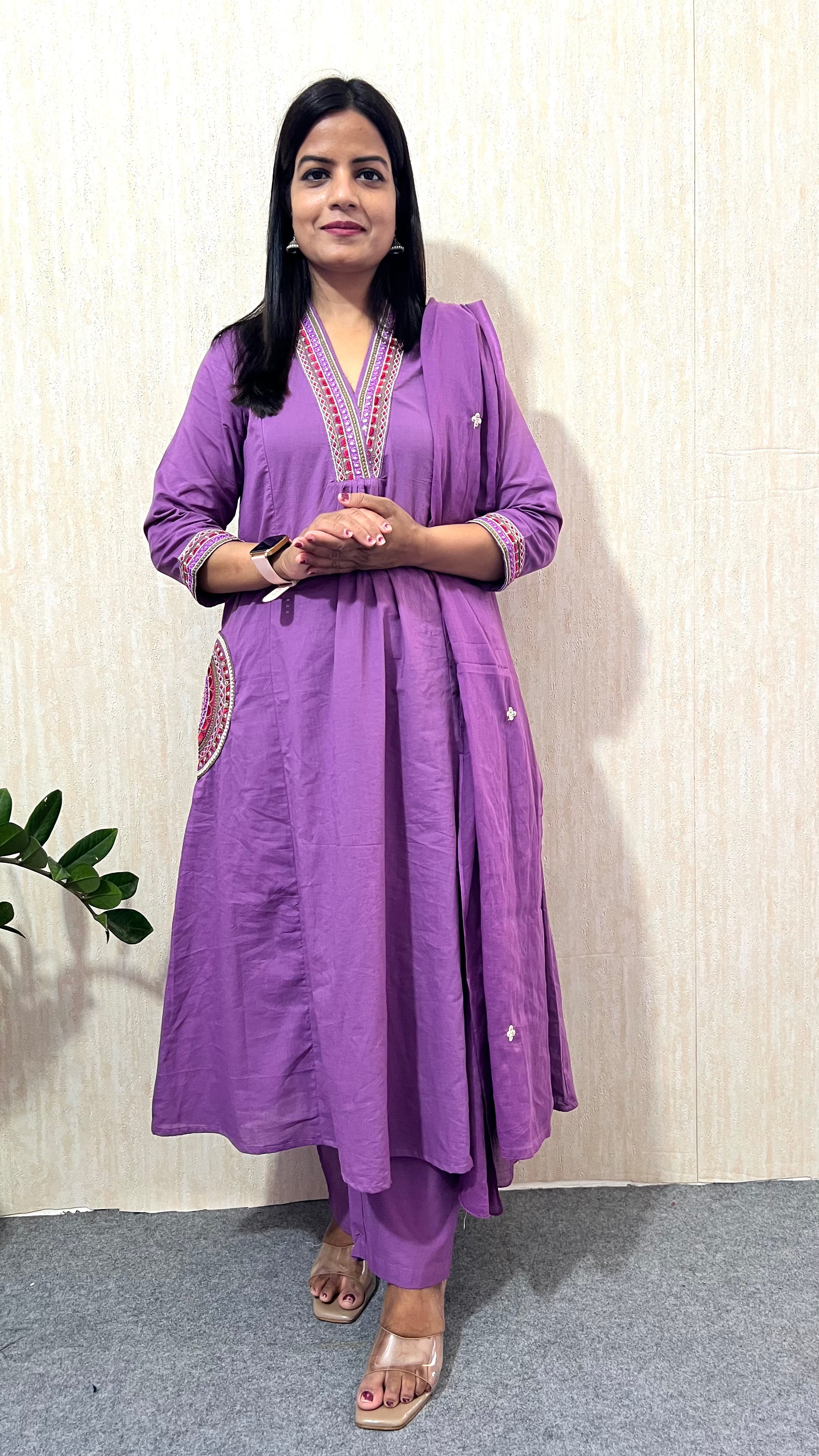 Mumzhug Lavender Pure Cotton Embroidered Feeding & Maternity Kurta Pant with Dupatta Set