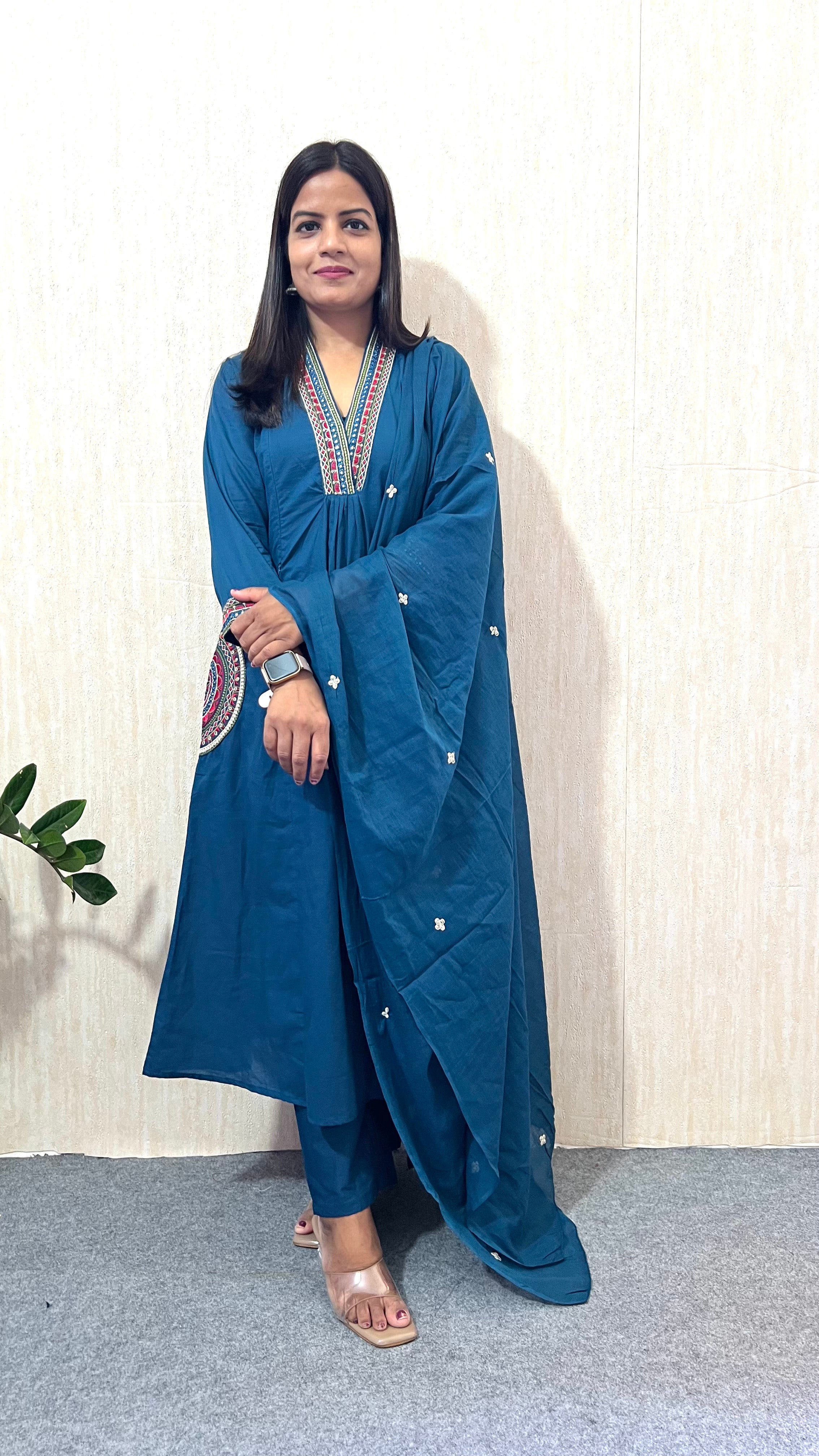 Mumzhug Blue Pure Cotton Embroidered Feeding & Maternity Kurta Pant with Dupatta Set