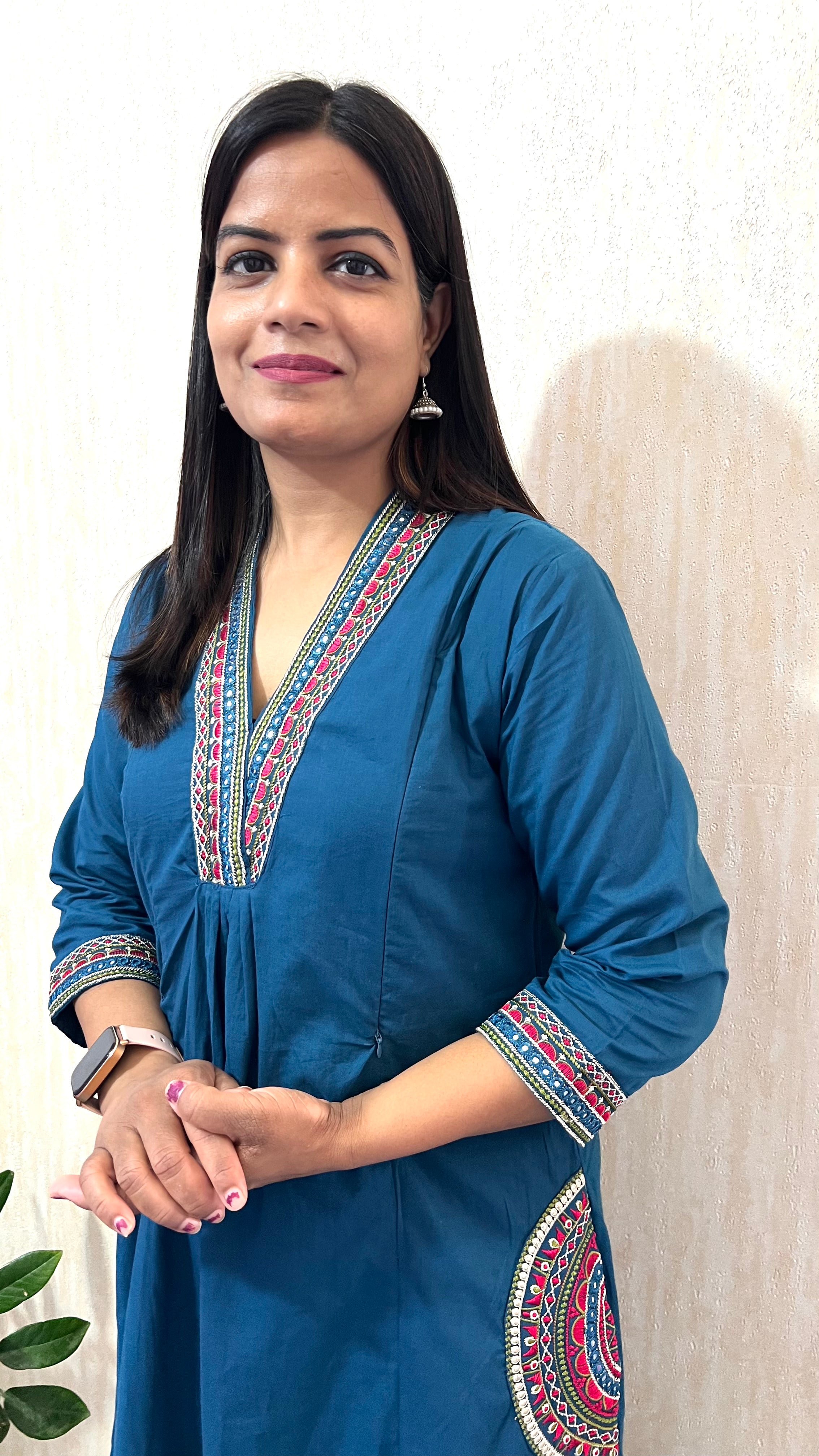 Mumzhug Blue Pure Cotton Embroidered Feeding & Maternity Kurta Pant with Dupatta Set