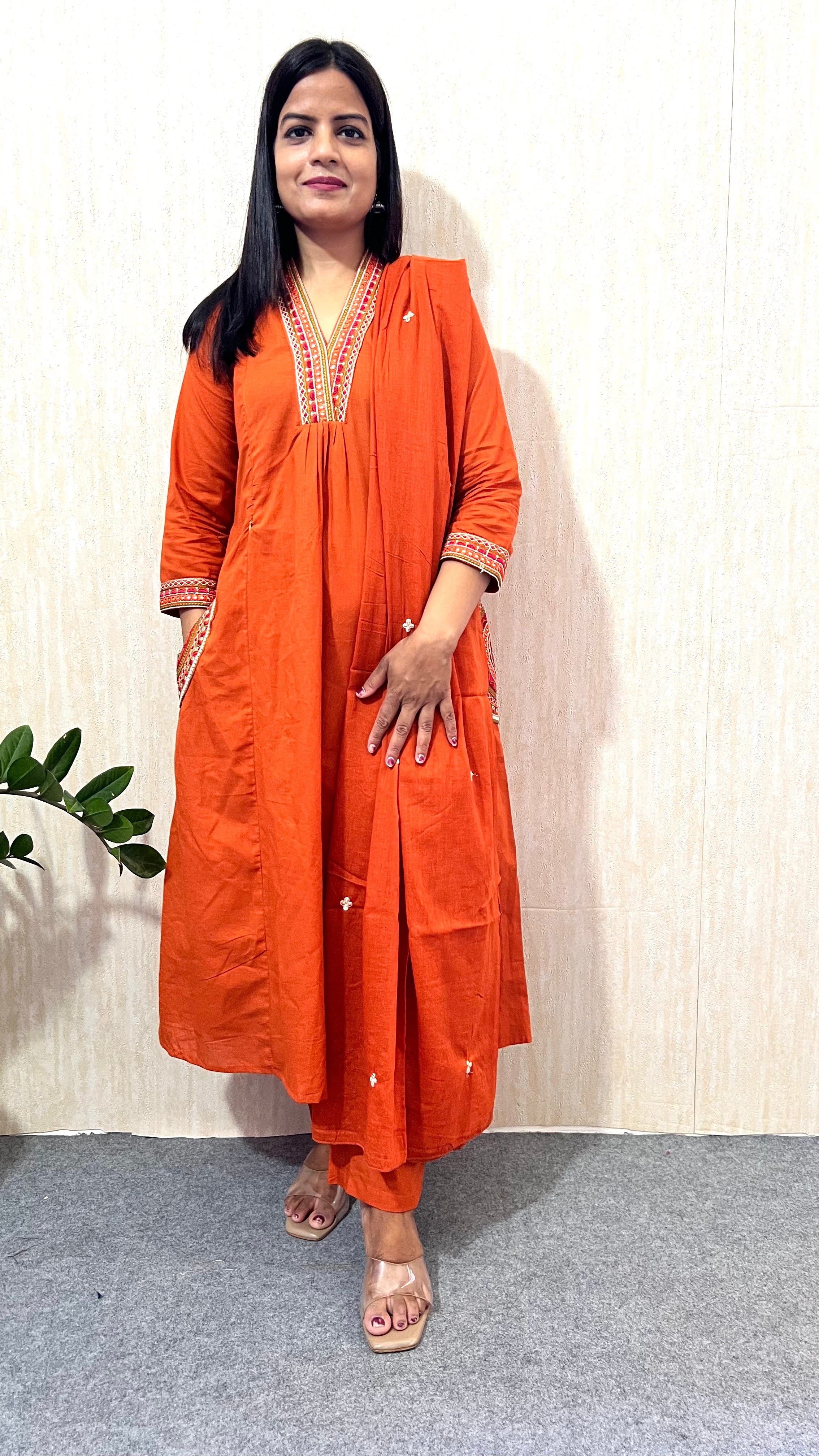 Mumzhug Rust Orange Pure Cotton Embroidered Feeding & Maternity Kurta Pant with Dupatta Set