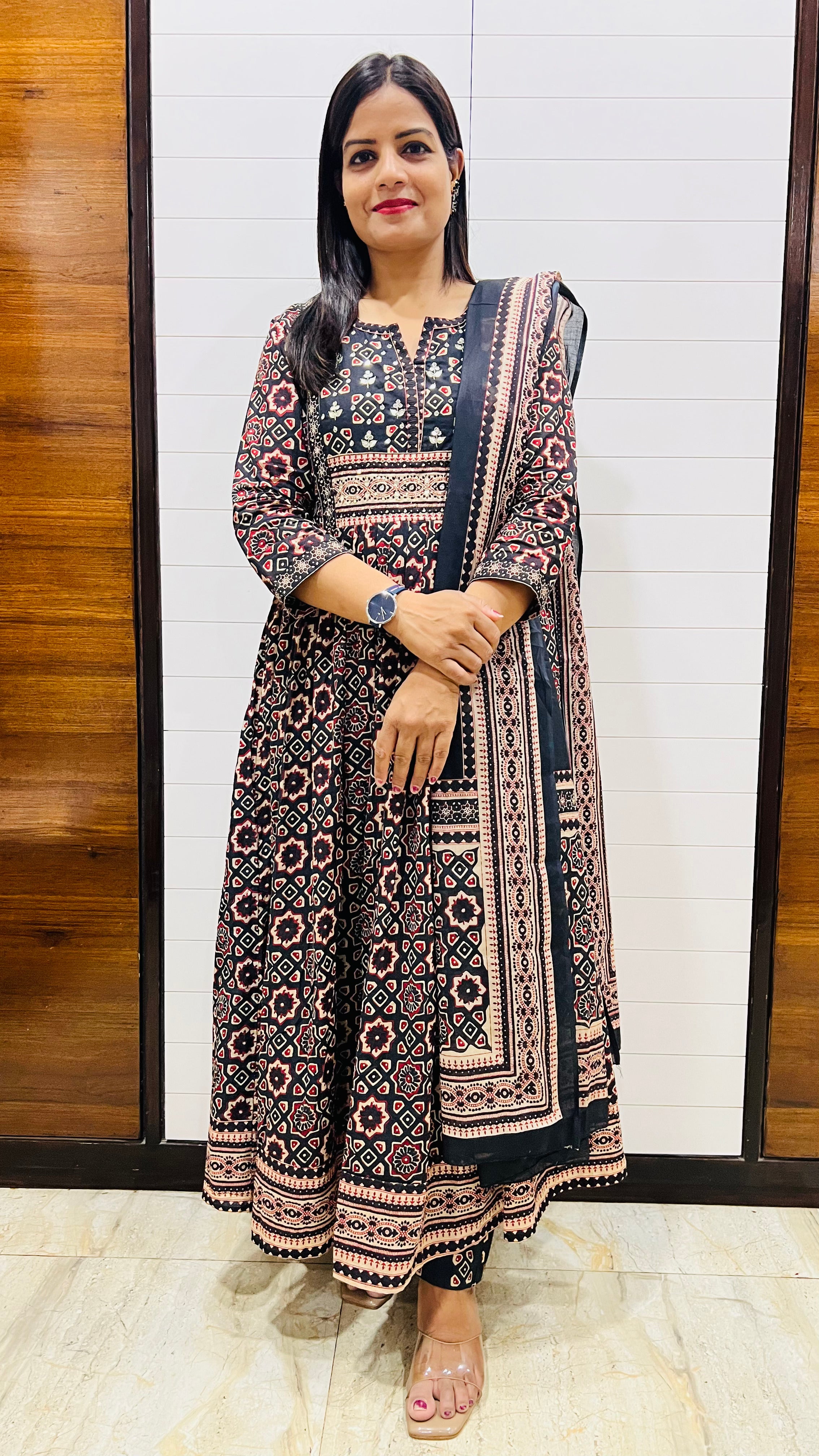 Mumzhug Midnight Bloom Black Pure Cotton Jaipuri Print Embroidered Feeding & Maternity Anarkali Set