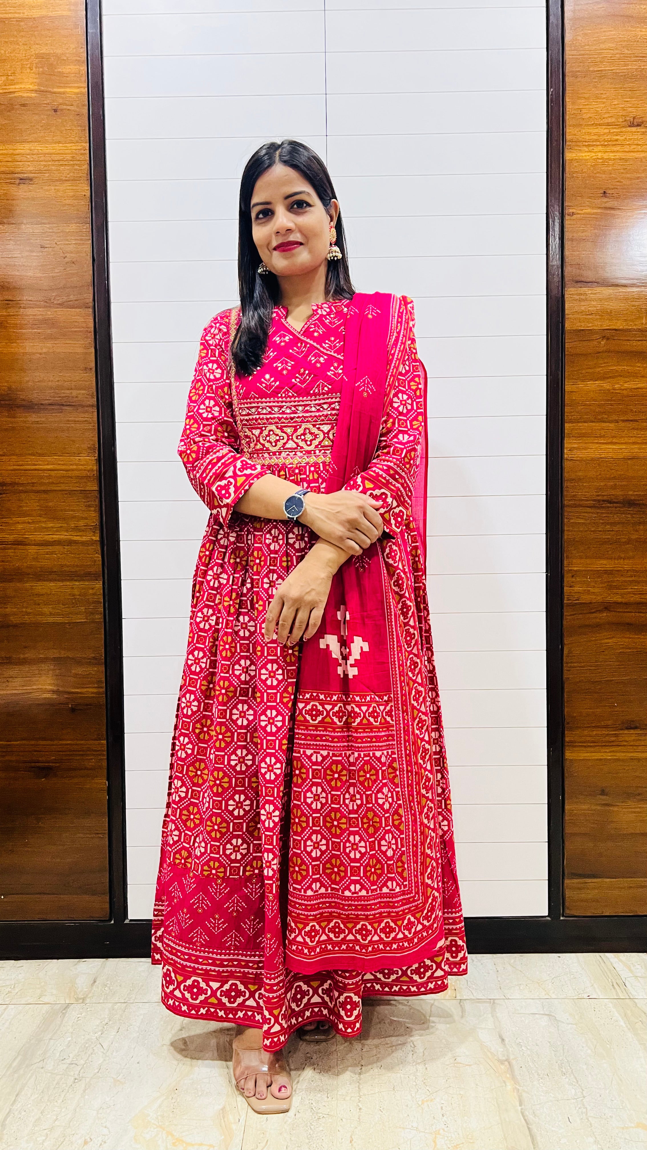 Mumzhug Rani Blossom Fuchsia Pure Cotton Jaipuri Print Embroidered Feeding & Maternity Anarkali Set