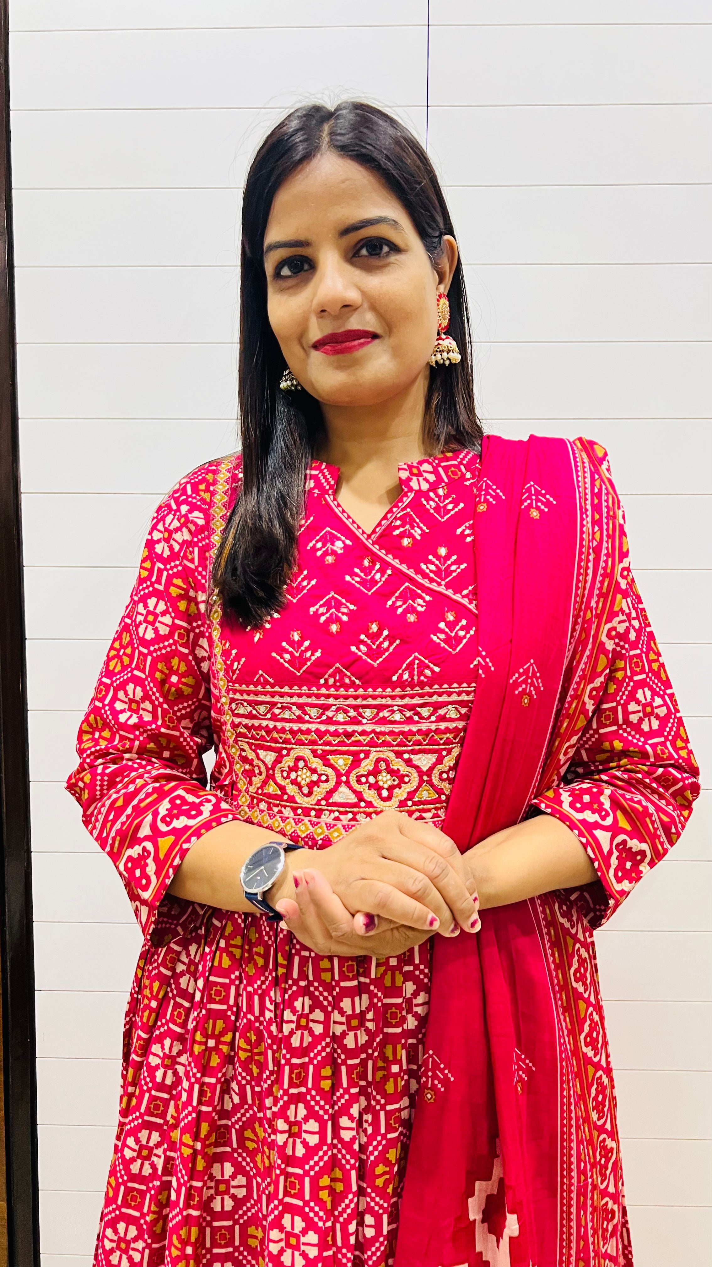 Mumzhug Rani Blossom Fuchsia Pure Cotton Jaipuri Print Embroidered Feeding & Maternity Anarkali Set