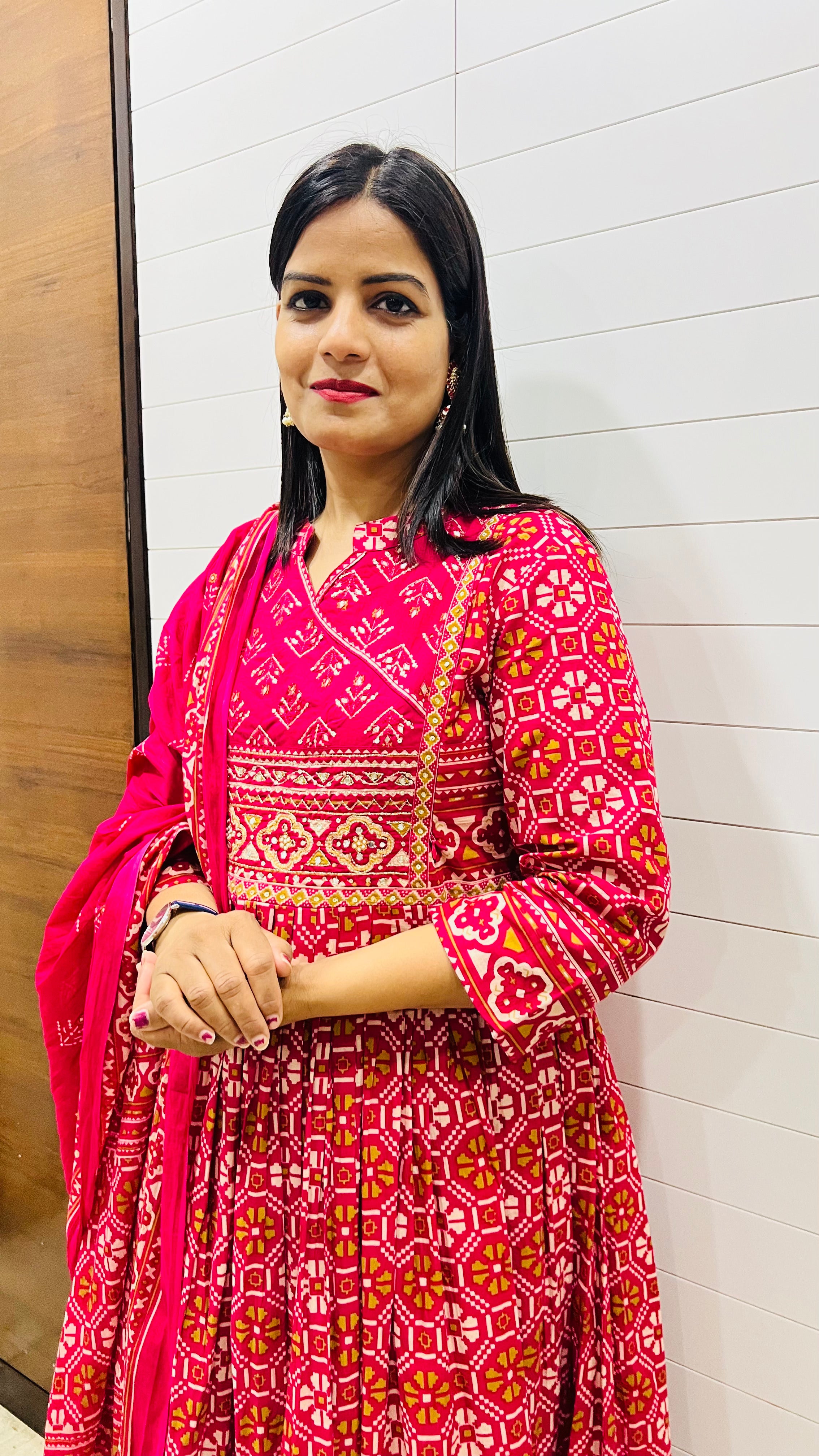 Mumzhug Rani Blossom Fuchsia Pure Cotton Jaipuri Print Embroidered Feeding & Maternity Anarkali Set