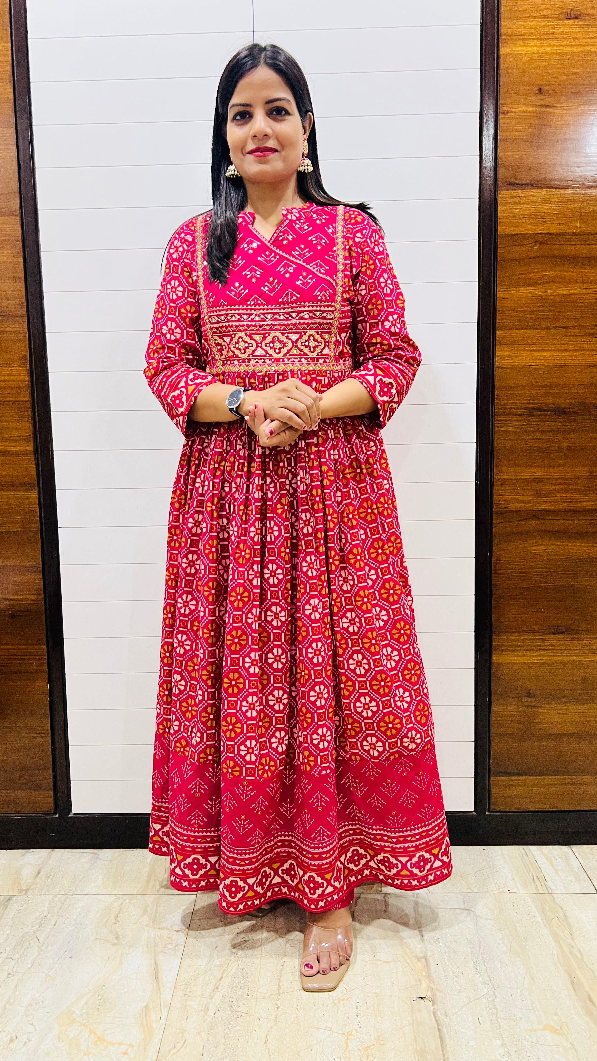 Mumzhug Rani Blossom Fuchsia Pure Cotton Jaipuri Print Embroidered Feeding & Maternity Anarkali Set