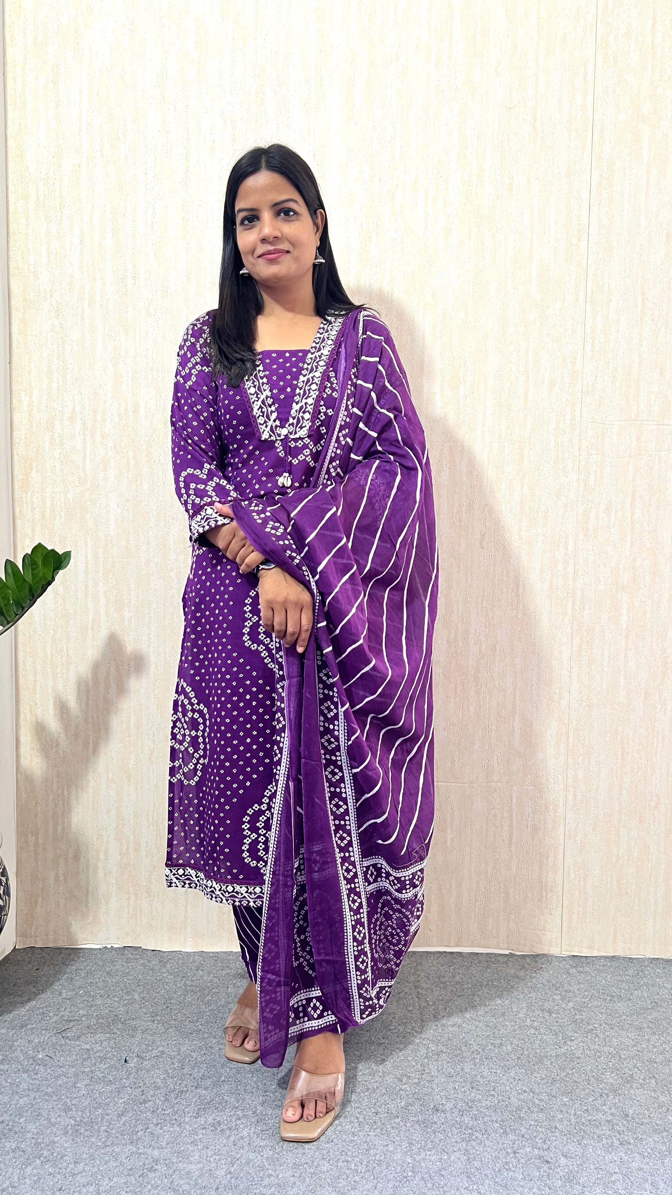 Mumuzhug Varnika Pure Cotton Purple Jaipuri Bandhej Print Feeding Kurta Pant & Dupatta Set for Women | Nursing Friendly Ethnic Wear