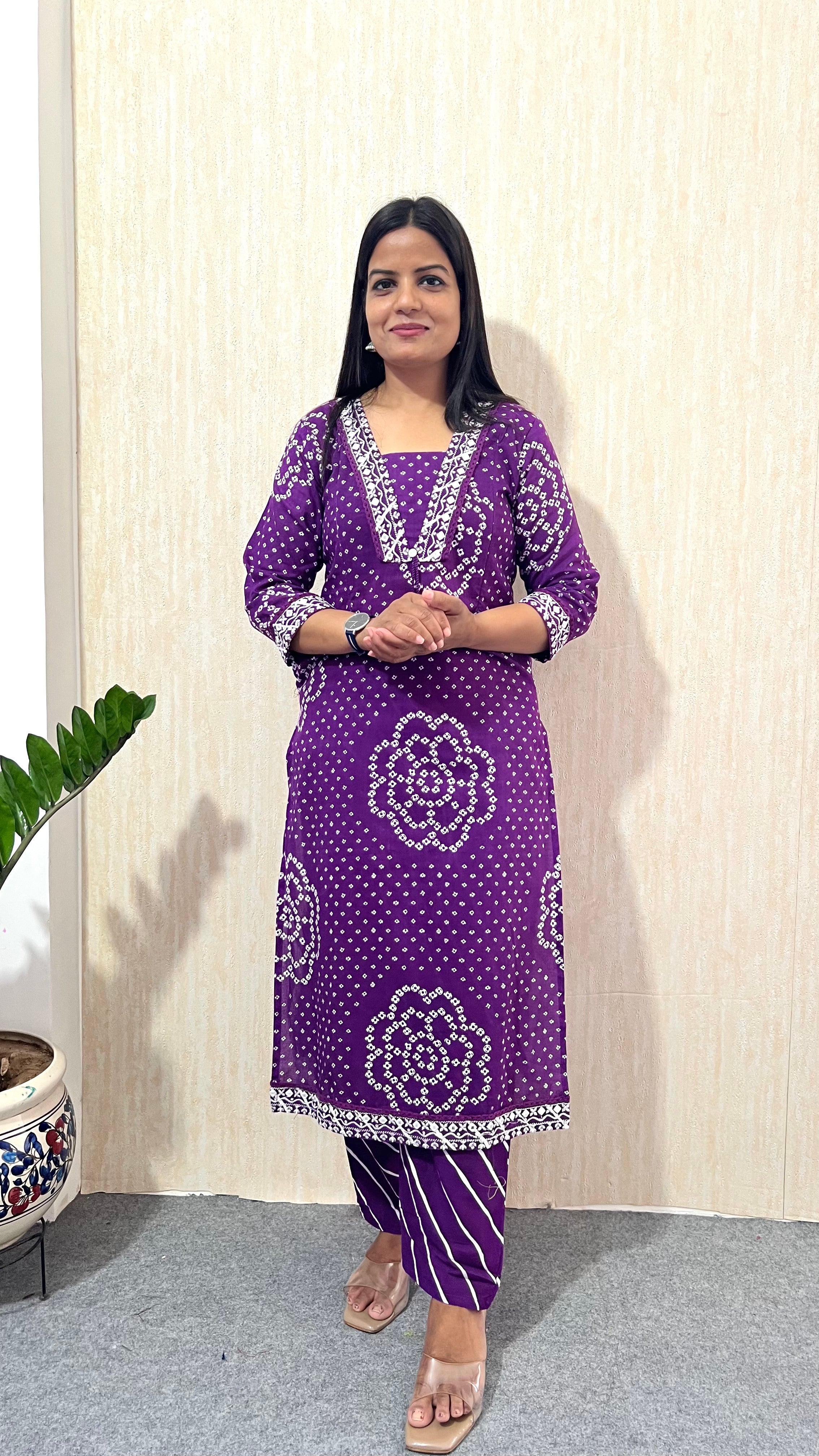 Mumuzhug Varnika Pure Cotton Purple Jaipuri Bandhej Print Feeding Kurta Pant & Dupatta Set for Women | Nursing Friendly Ethnic Wear