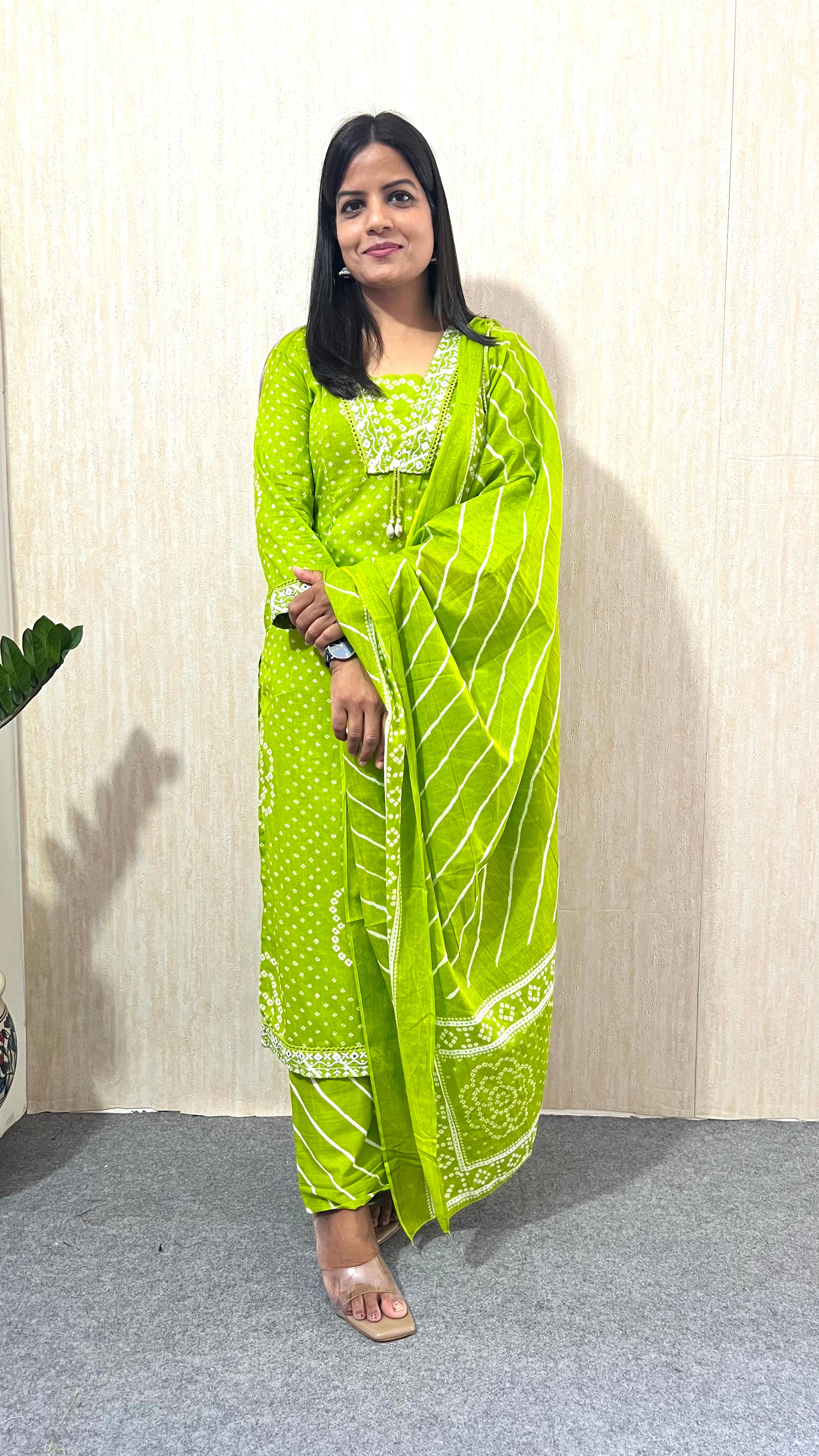 Mumuzhug Haritika Pure Cotton Lime Green Jaipuri Bandhej Print Feeding Kurta Pant & Dupatta Set for Women | Nursing Friendly Ethnic Wear