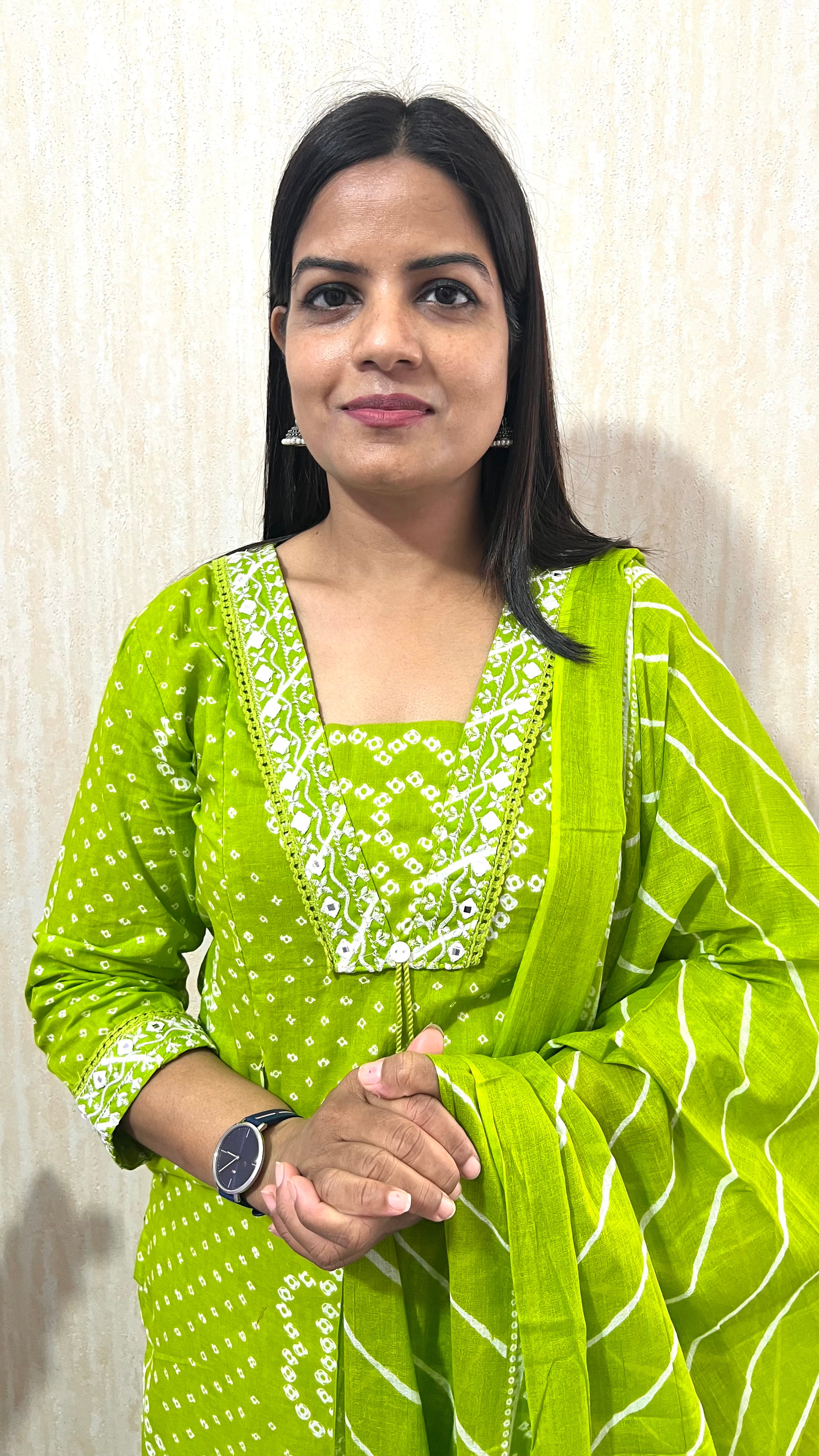 Mumuzhug Haritika Pure Cotton Lime Green Jaipuri Bandhej Print Feeding Kurta Pant & Dupatta Set for Women | Nursing Friendly Ethnic Wear