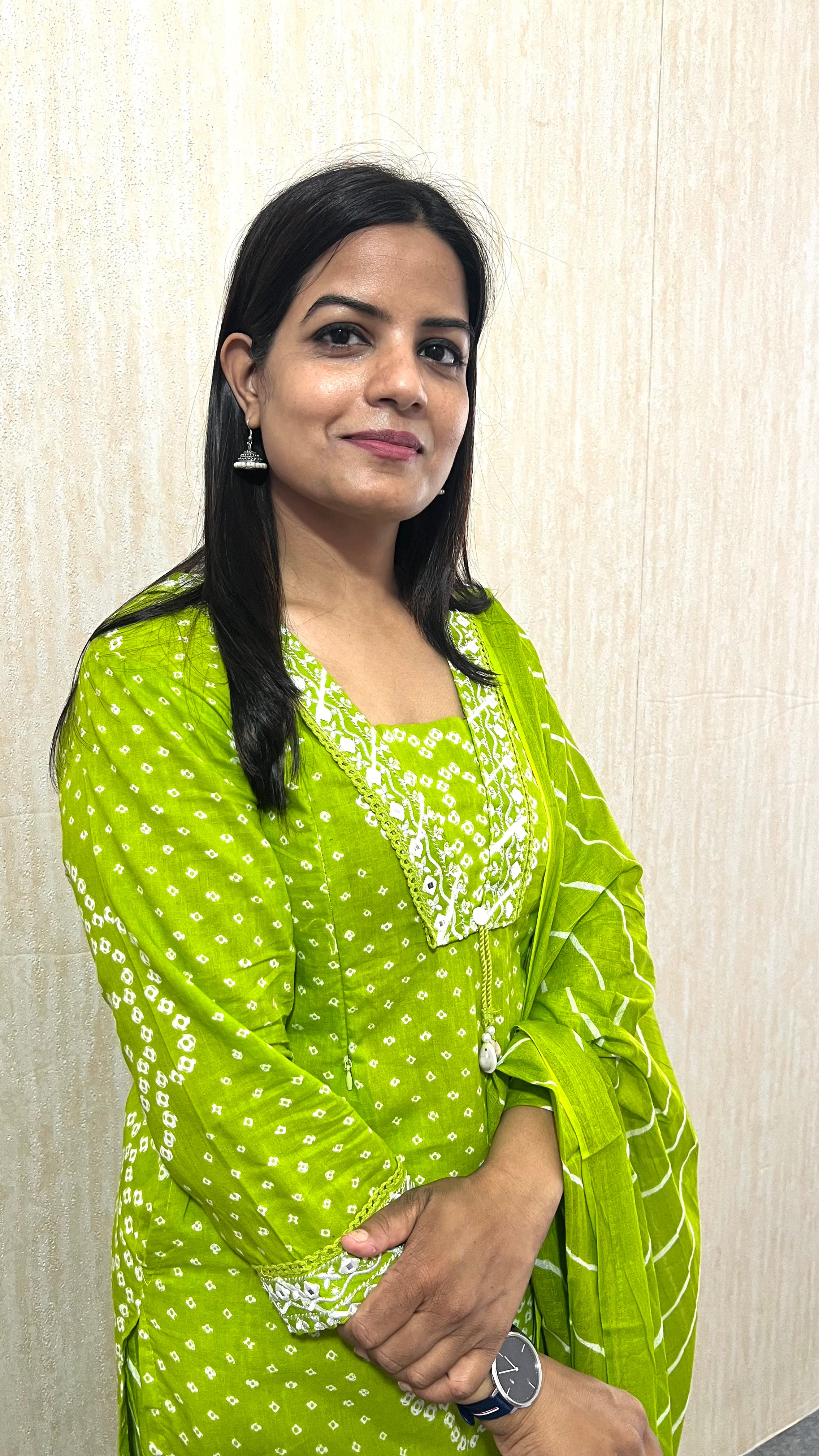 Mumuzhug Haritika Pure Cotton Lime Green Jaipuri Bandhej Print Feeding Kurta Pant & Dupatta Set for Women | Nursing Friendly Ethnic Wear