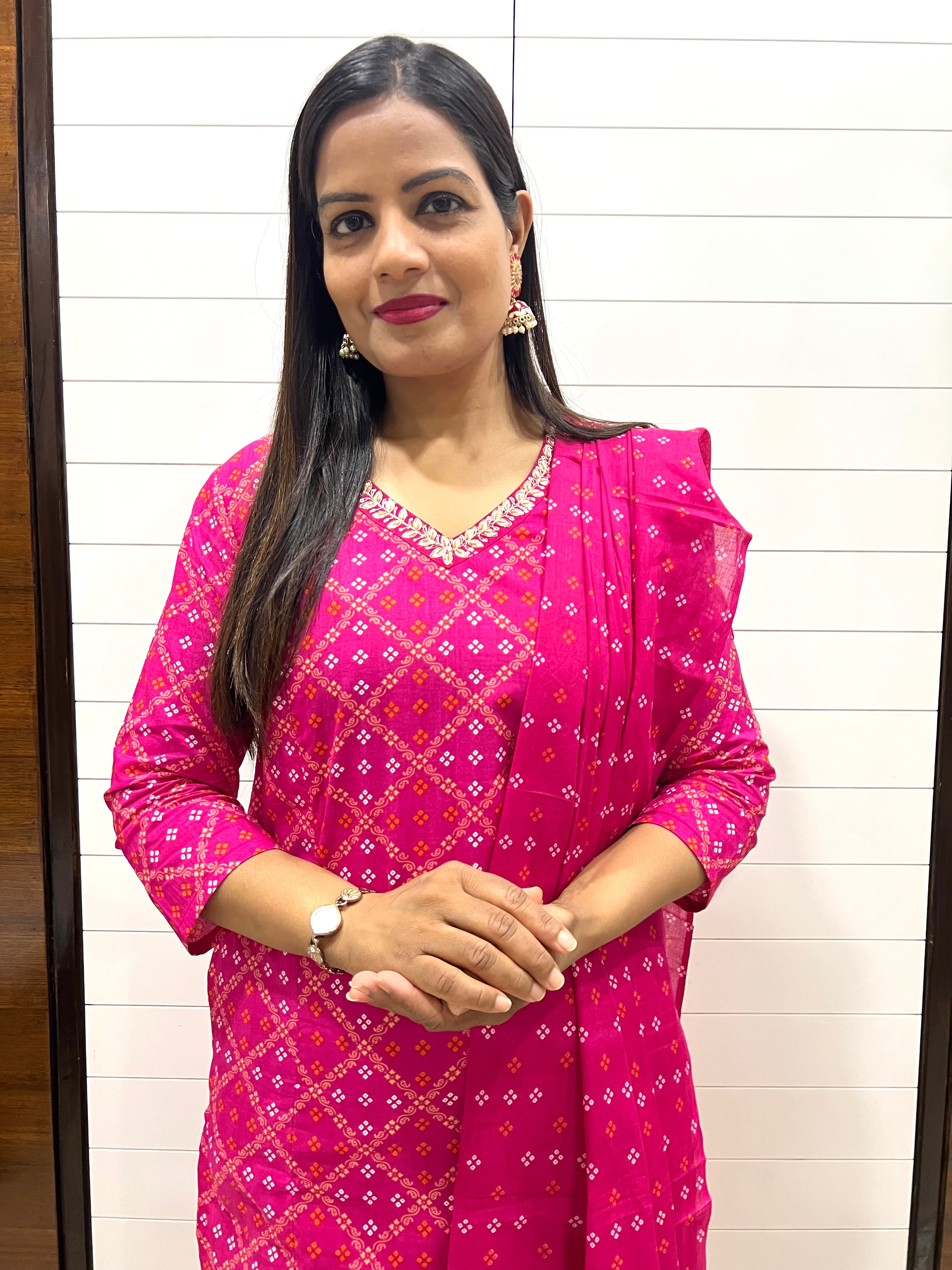 Pure Cotton Fuchsia Colored Feeding Kurta Pant and Dupatta Set