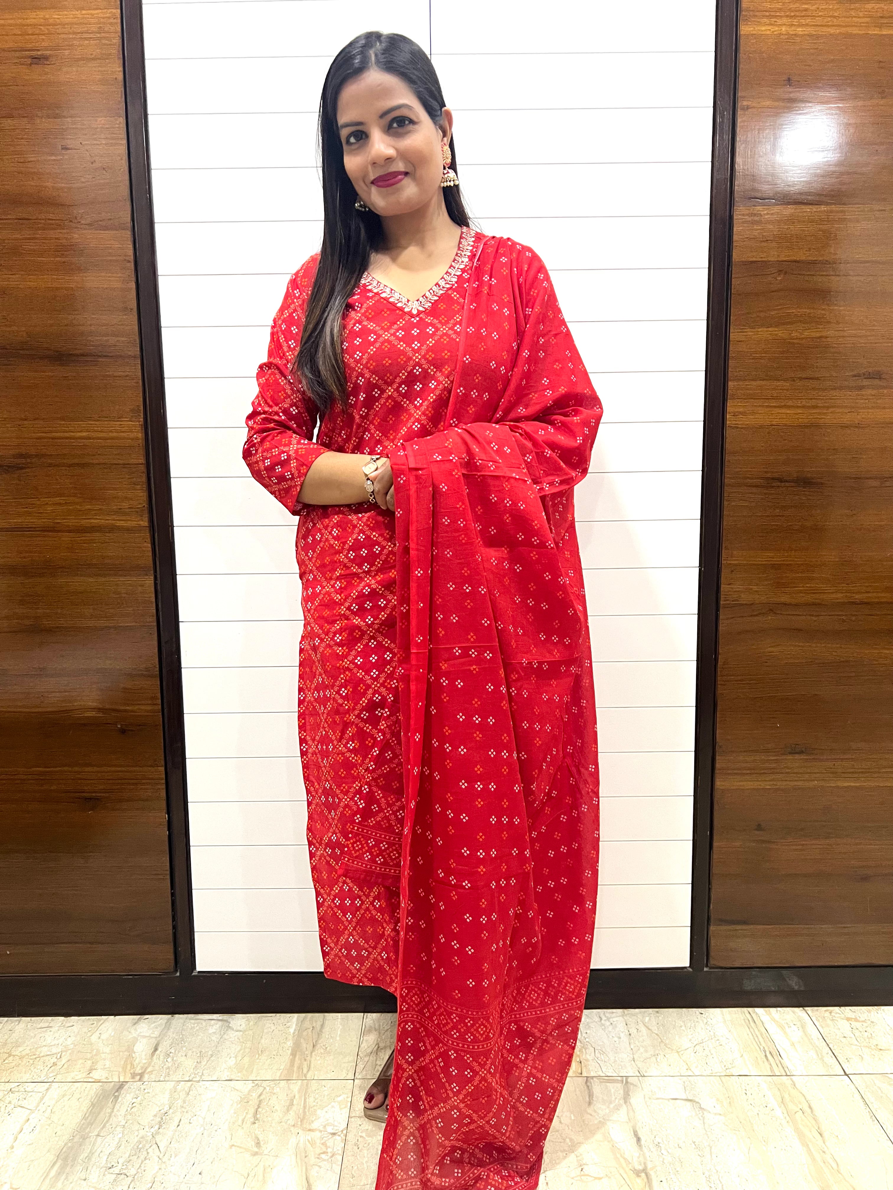 Red Pure Cotton Printed Feeding Kurta Pant and Dupatta Set