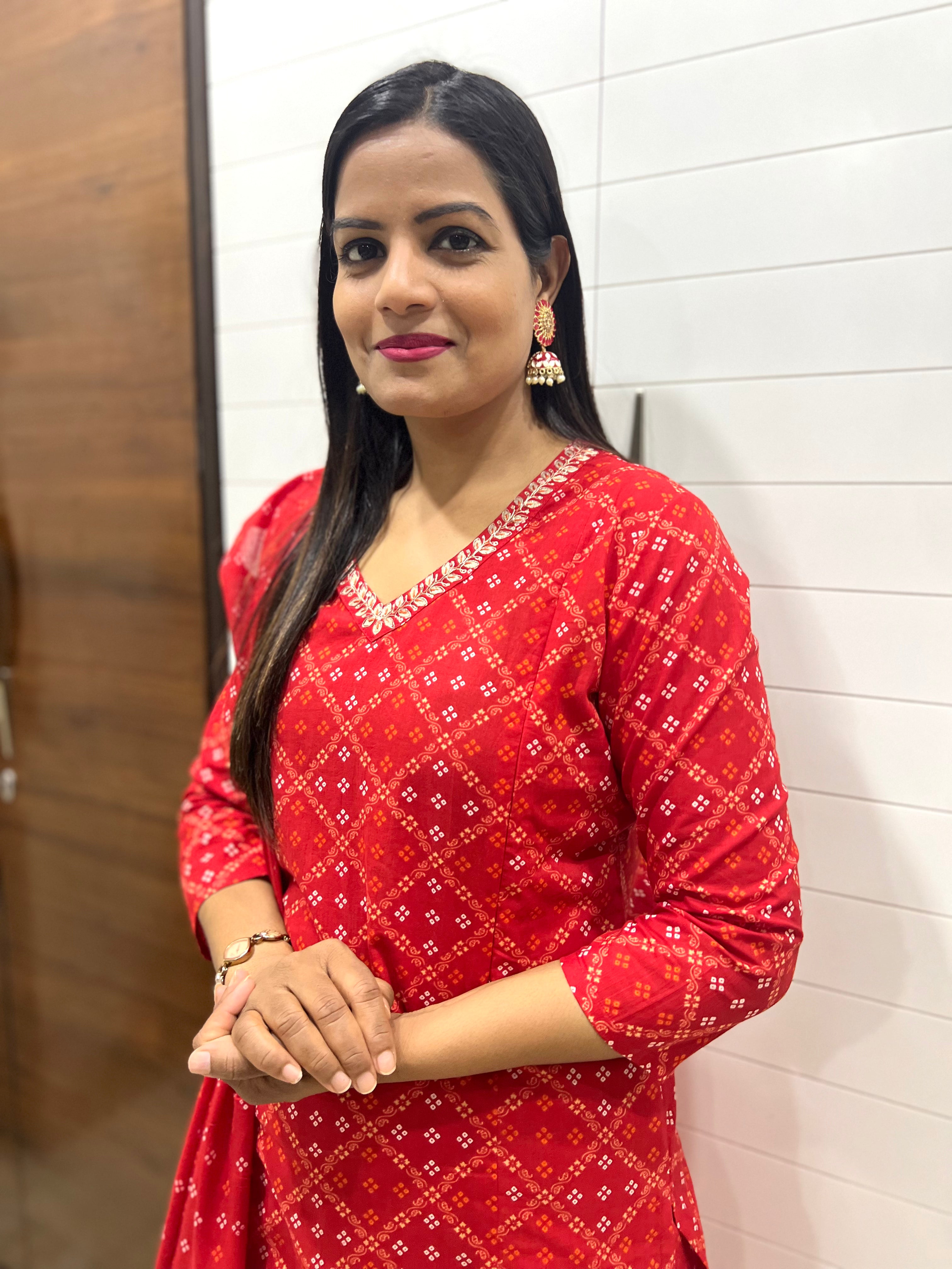 Red Pure Cotton Printed Feeding Kurta Pant and Dupatta Set