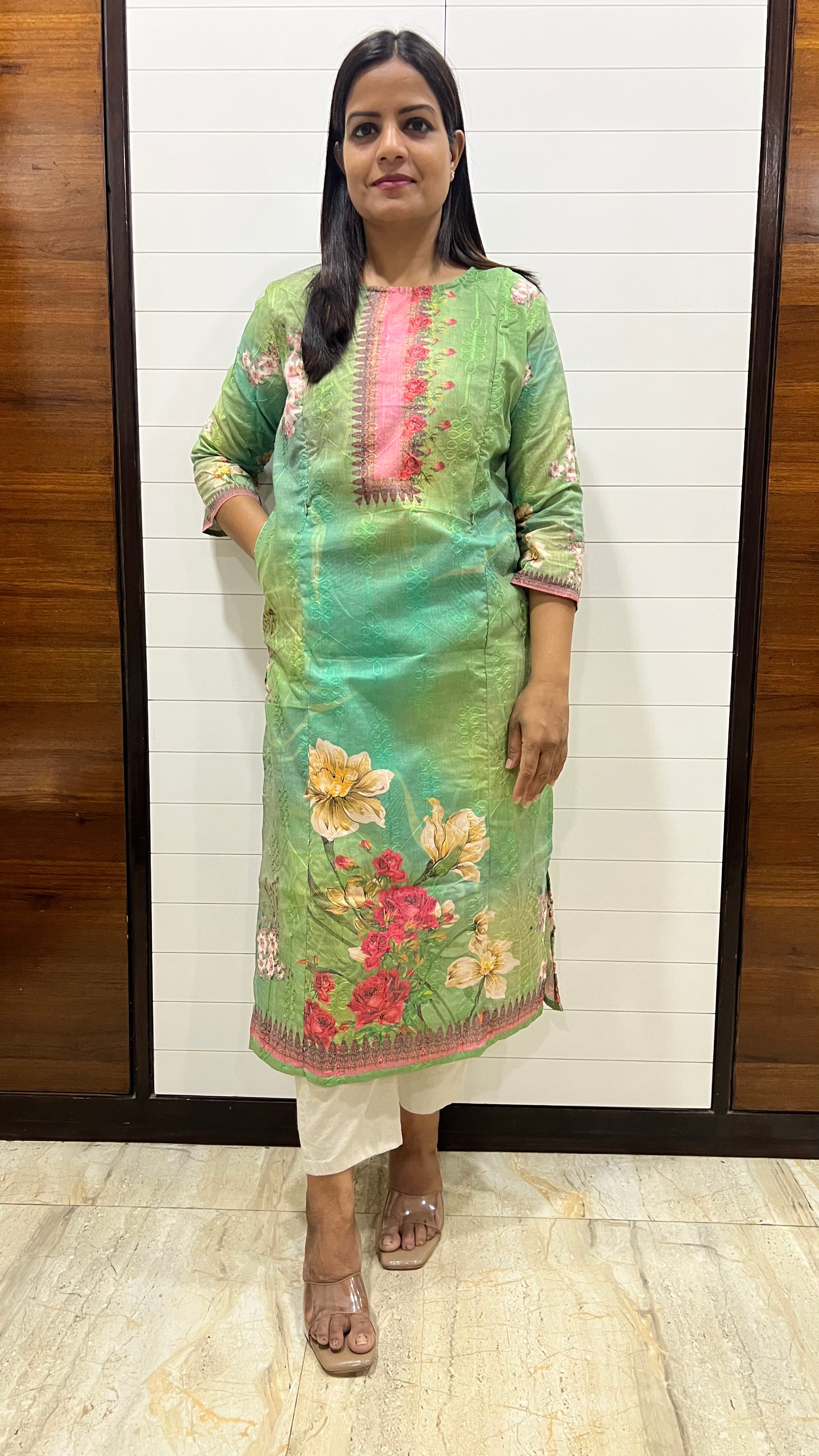 Mumzhug Blend Cotton Pista Green Digital Print Feeding Kurta – Floral Nursing Kurti with Hidden Zippers