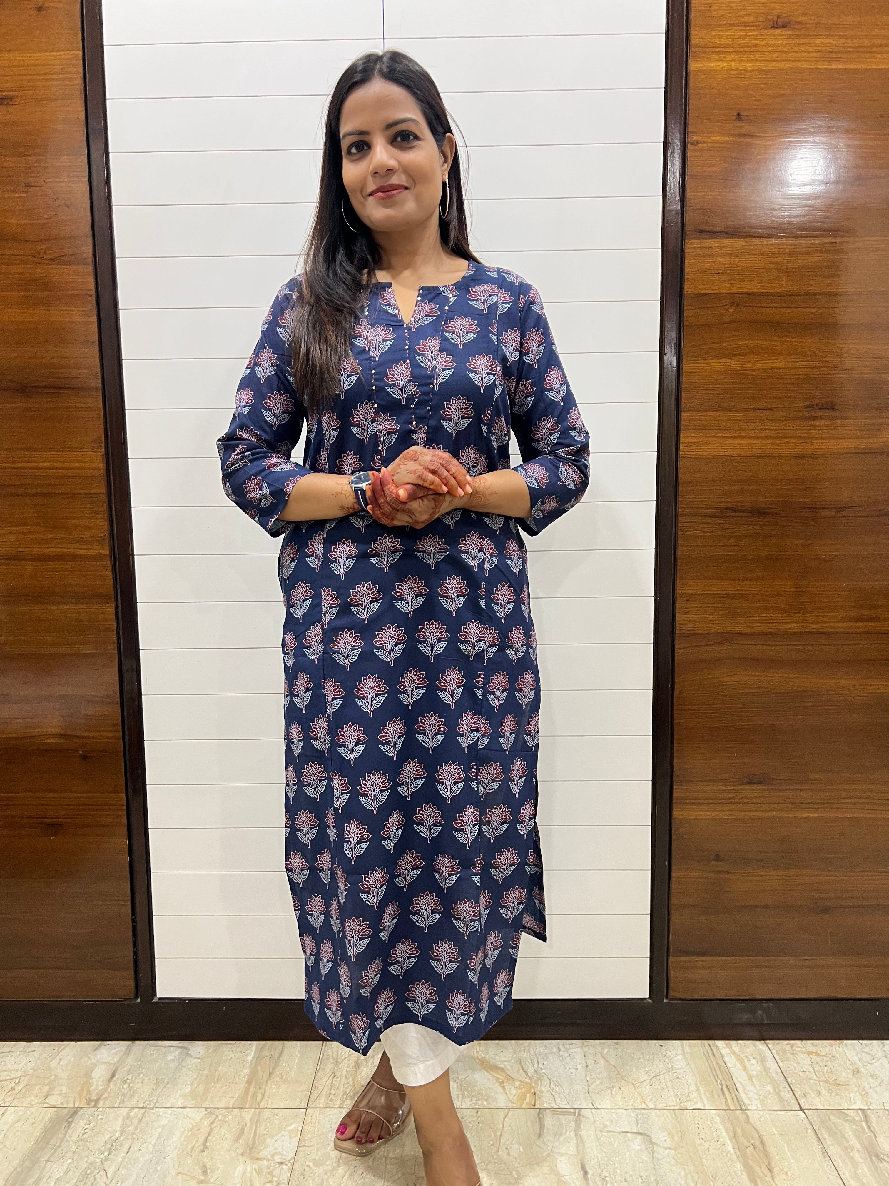 Mumzhug Blue Pure Cotton Jaipuri Print Feeding Kurti