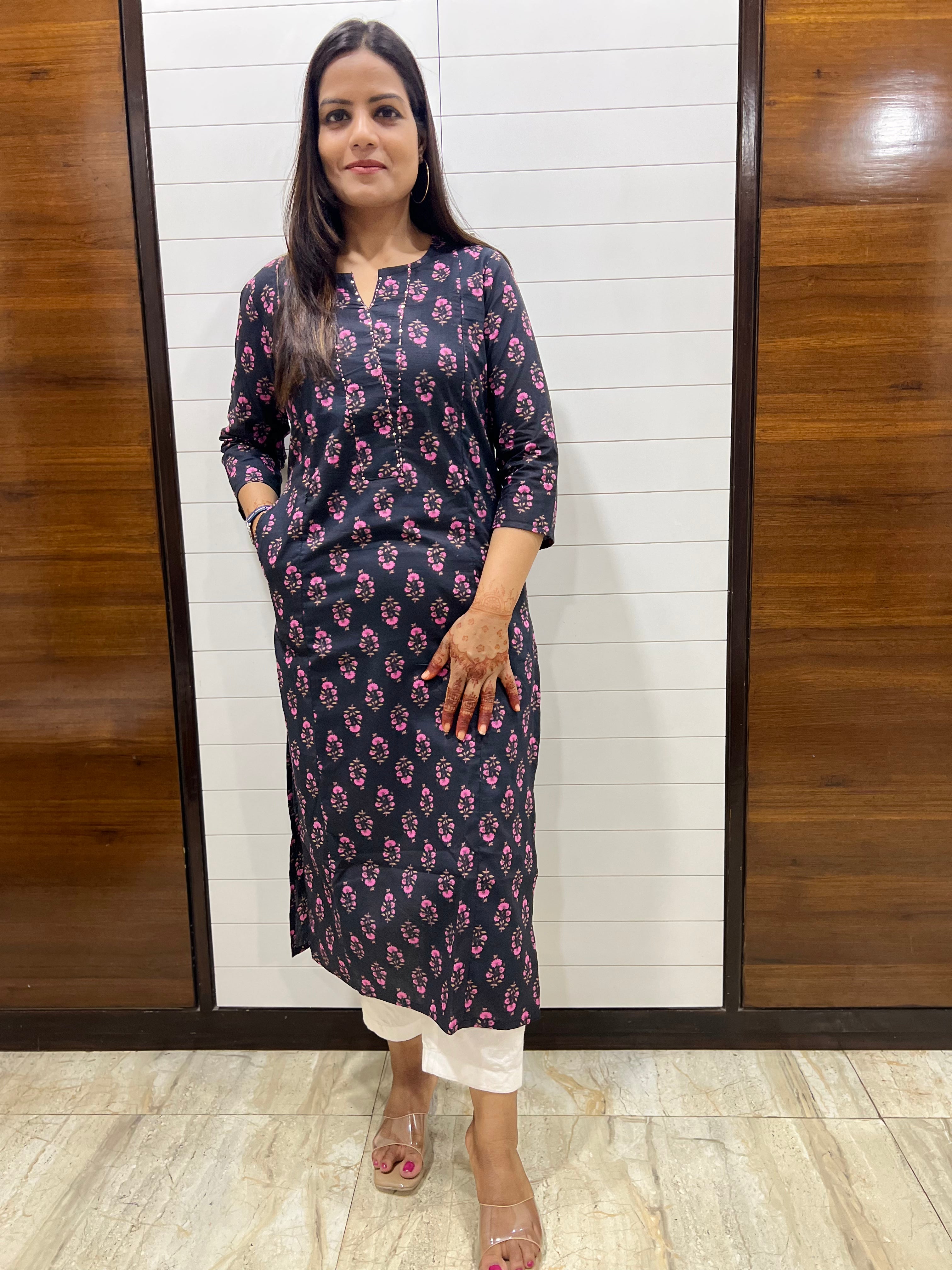 Mumzhug Black Pure Cotton Printed Feeding Kurta