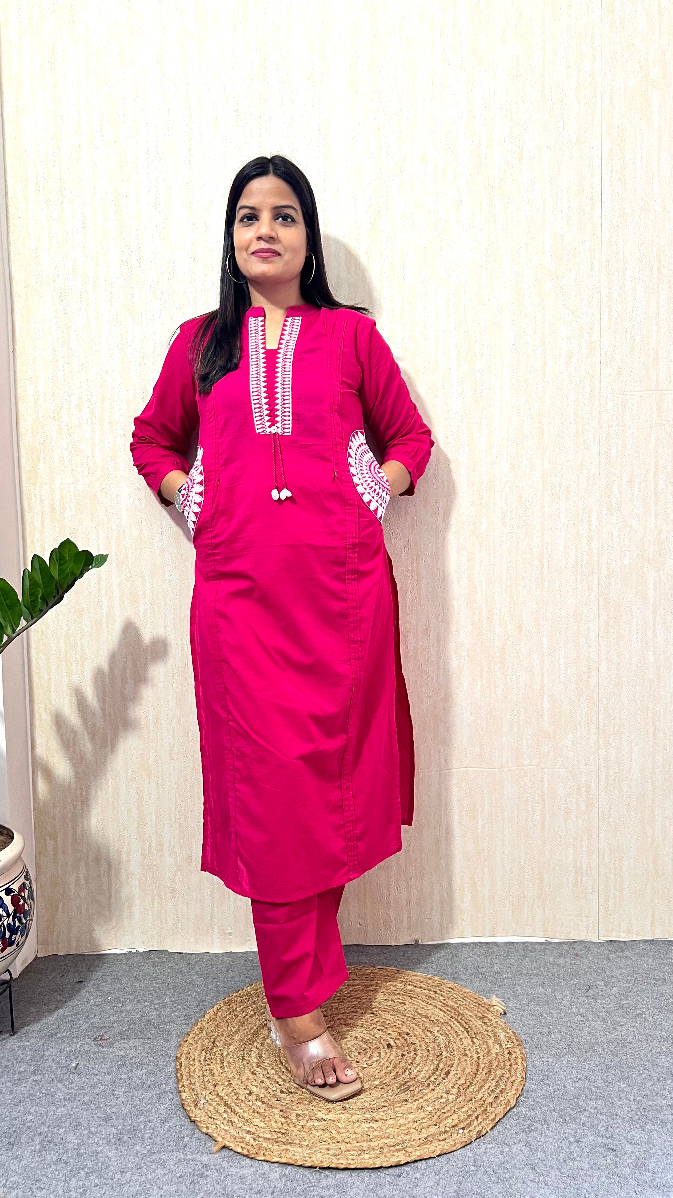MUMZHUG Fuchsia Bloom Pure Cotton Feeding & Maternity Kurta Pant Set | Embroidered Nursing Kurta with Concealed Zippers | Soft & Breathable Cotton Co-ord Set