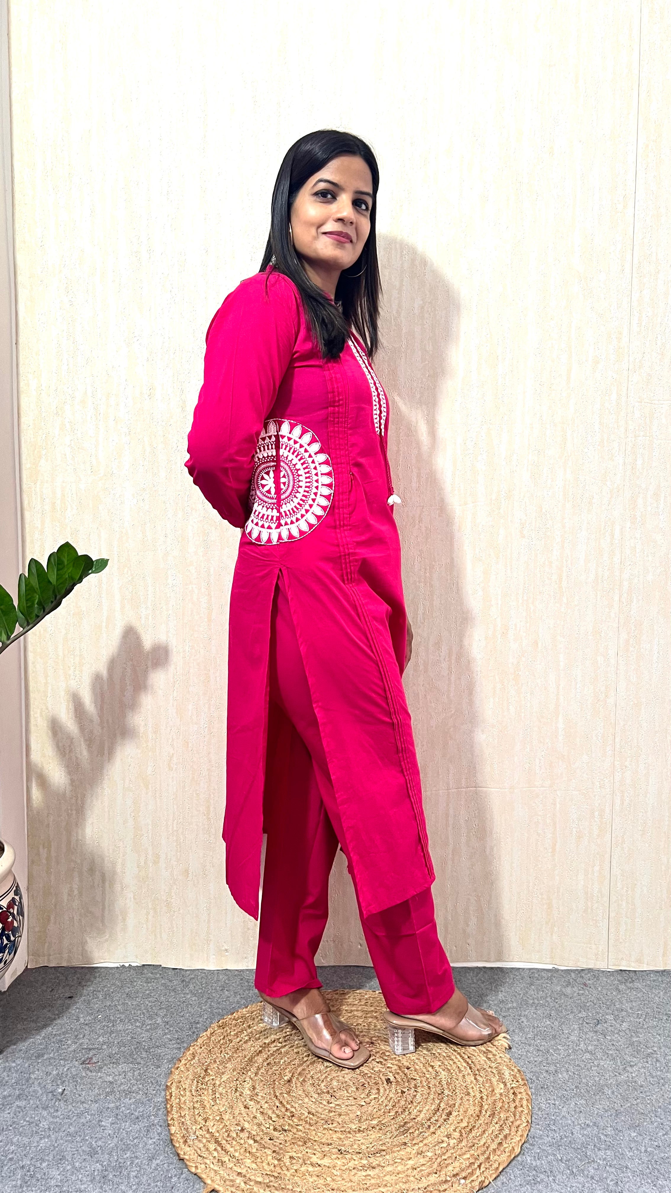 MUMZHUG Fuchsia Bloom Pure Cotton Feeding & Maternity Kurta Pant Set | Embroidered Nursing Kurta with Concealed Zippers | Soft & Breathable Cotton Co-ord Set