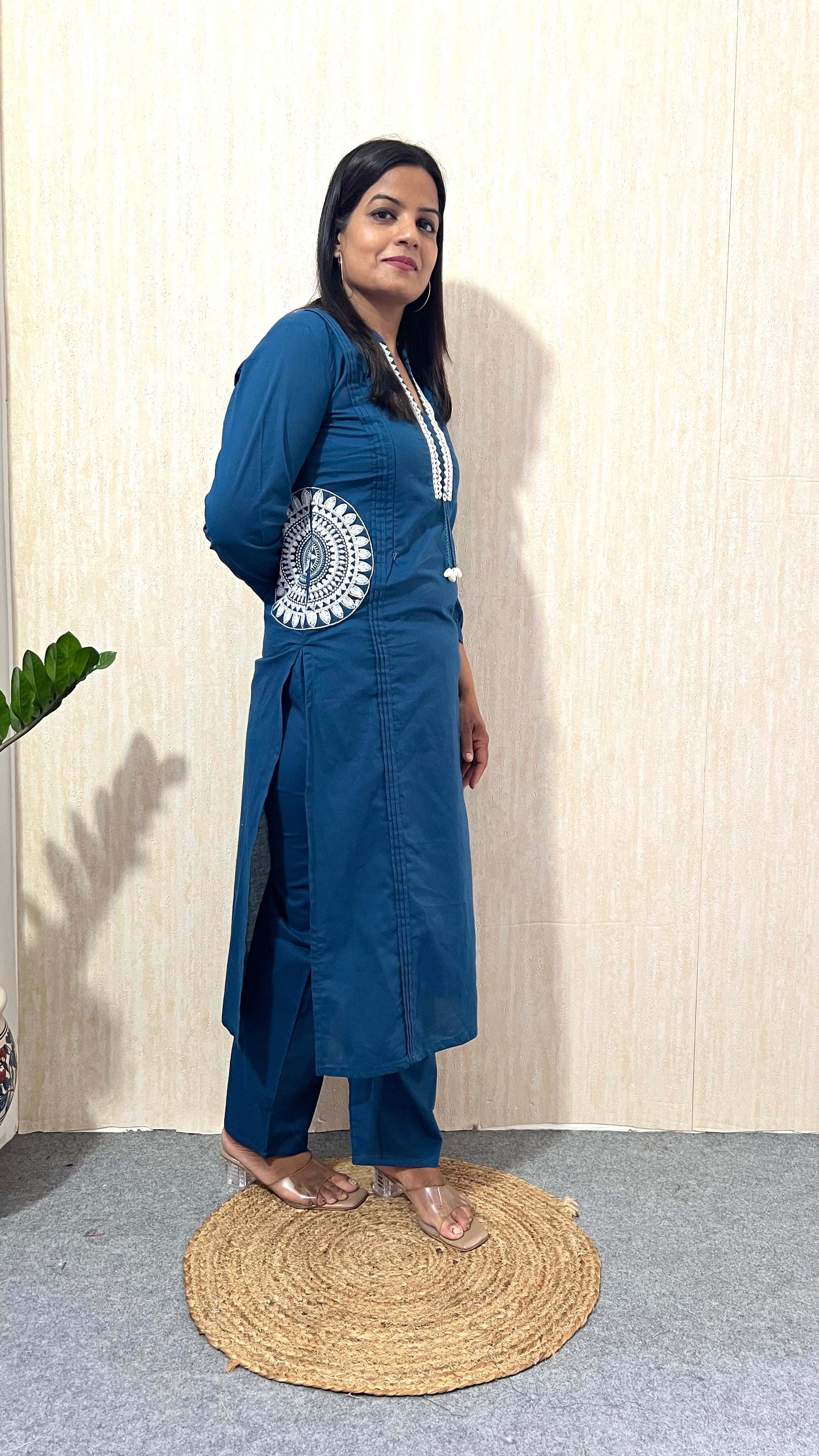 MUMZHUG Sapphire Grace Pure Cotton Blue Embroidered Feeding & Maternity Kurta Pant Set | Nursing Kurta with Concealed Zippers | Soft & Breathable Cotton Co-ord Set