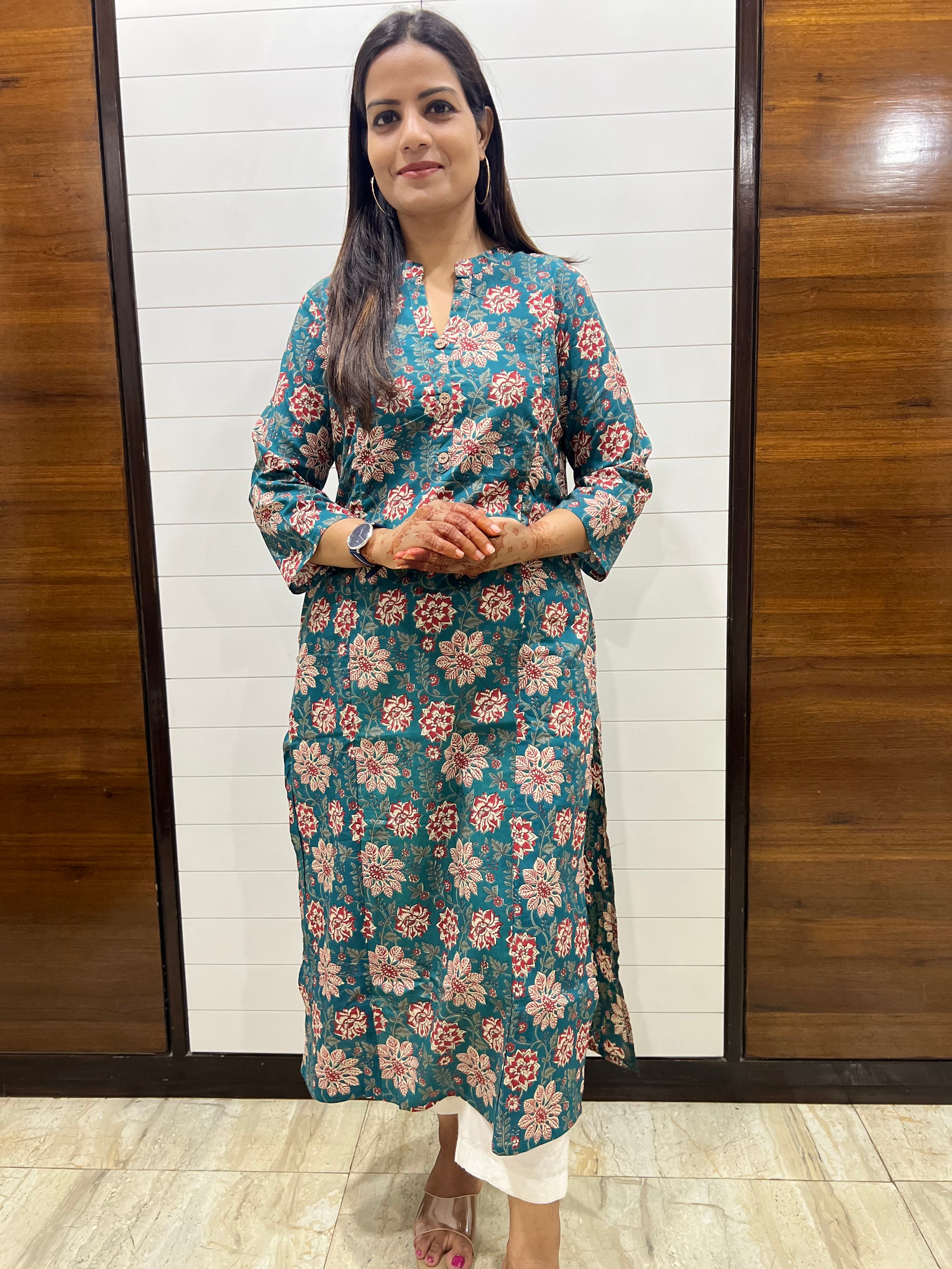 Mumzhug Teal Blue Pure Cotton Printed Feeding Kurta
