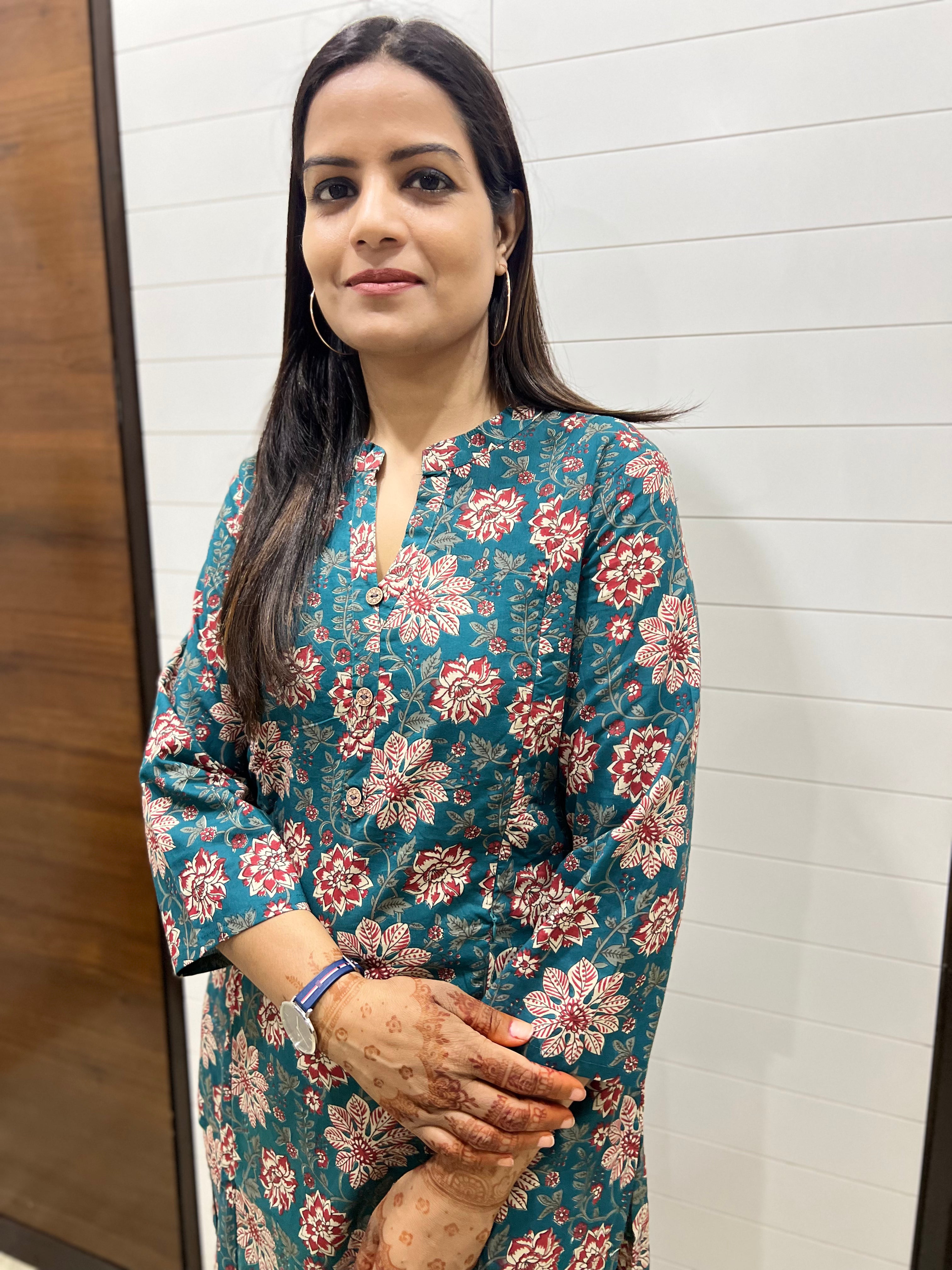 Mumzhug Teal Blue Pure Cotton Printed Feeding Kurta