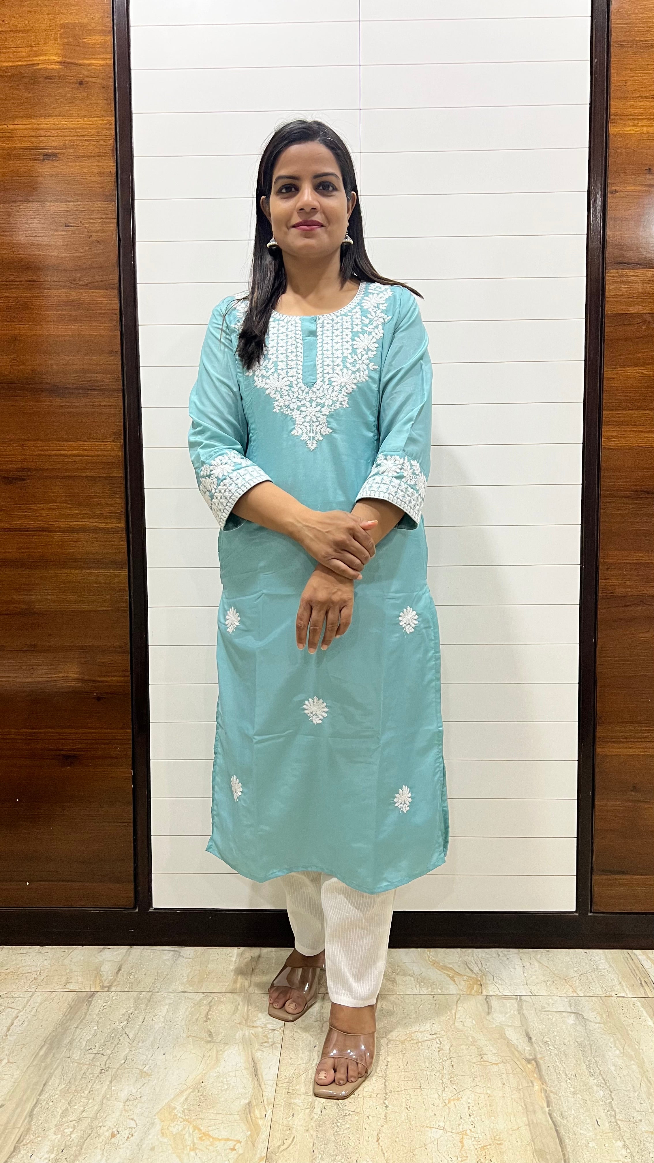 MUMZHUG Roman Silk Embroidered Feeding Kurta with Attached Lining – Sky Blue Maternity & Nursing Kurta for Women