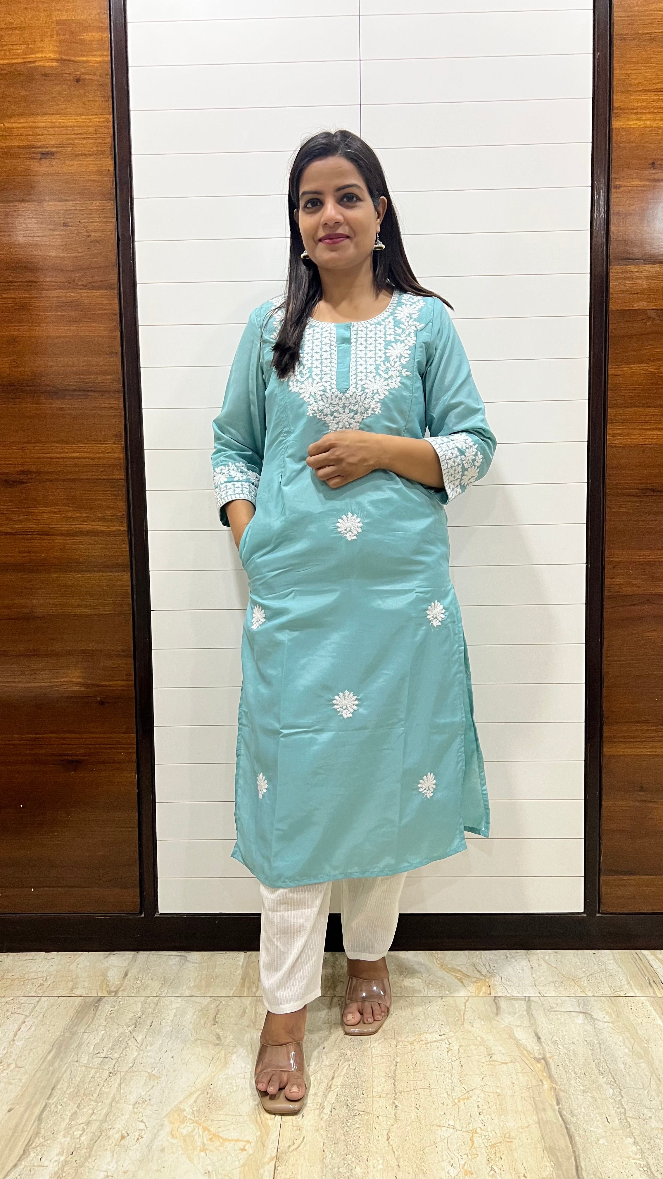 MUMZHUG Roman Silk Embroidered Feeding Kurta with Attached Lining – Sky Blue Maternity & Nursing Kurta for Women