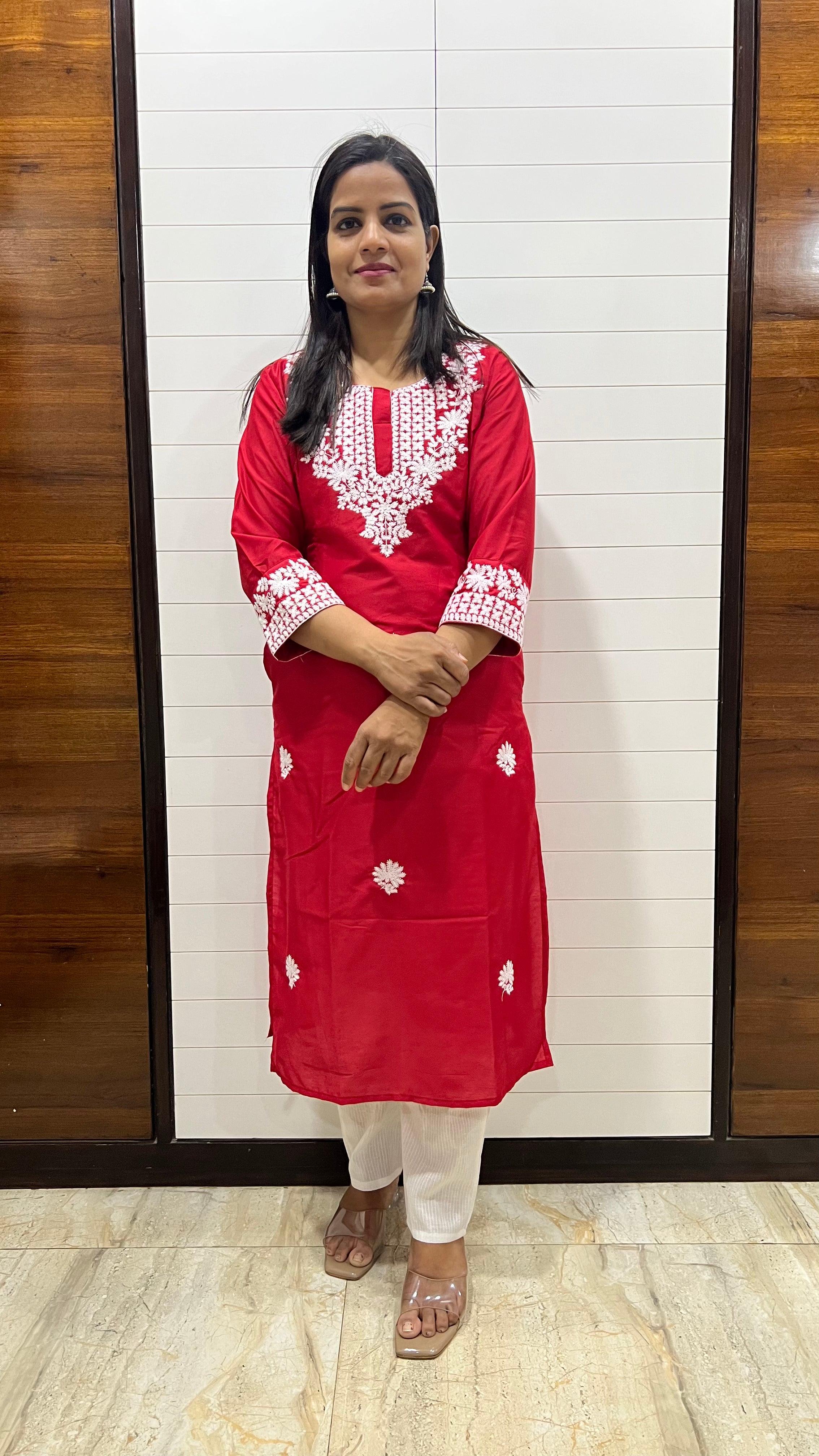 MUMZHUG Maslin Silk Embroidered Feeding Kurta with Attached Lining – Red Maternity & Nursing Kurta for Women