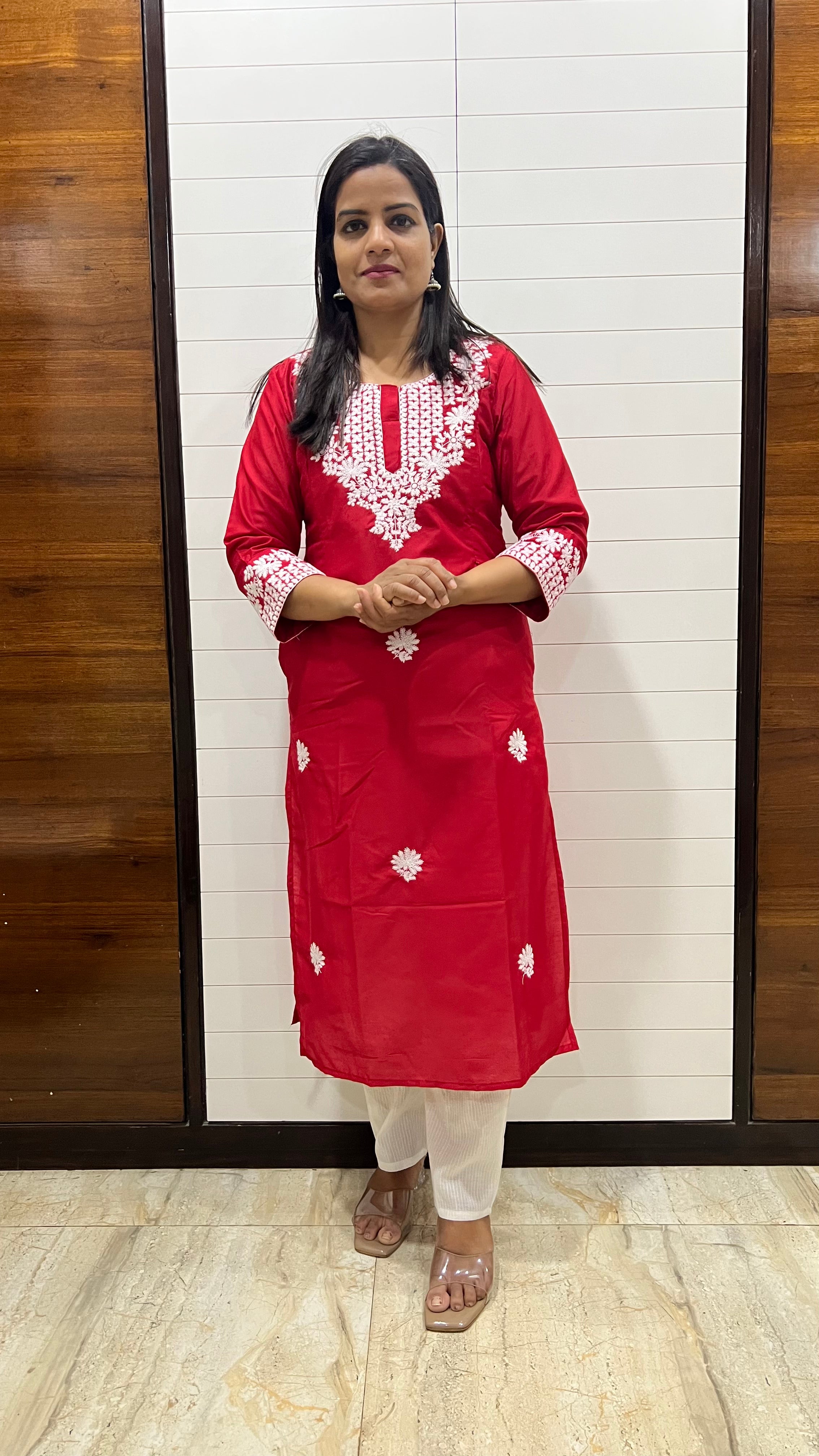 MUMZHUG Maslin Silk Embroidered Feeding Kurta with Attached Lining – Red Maternity & Nursing Kurta for Women