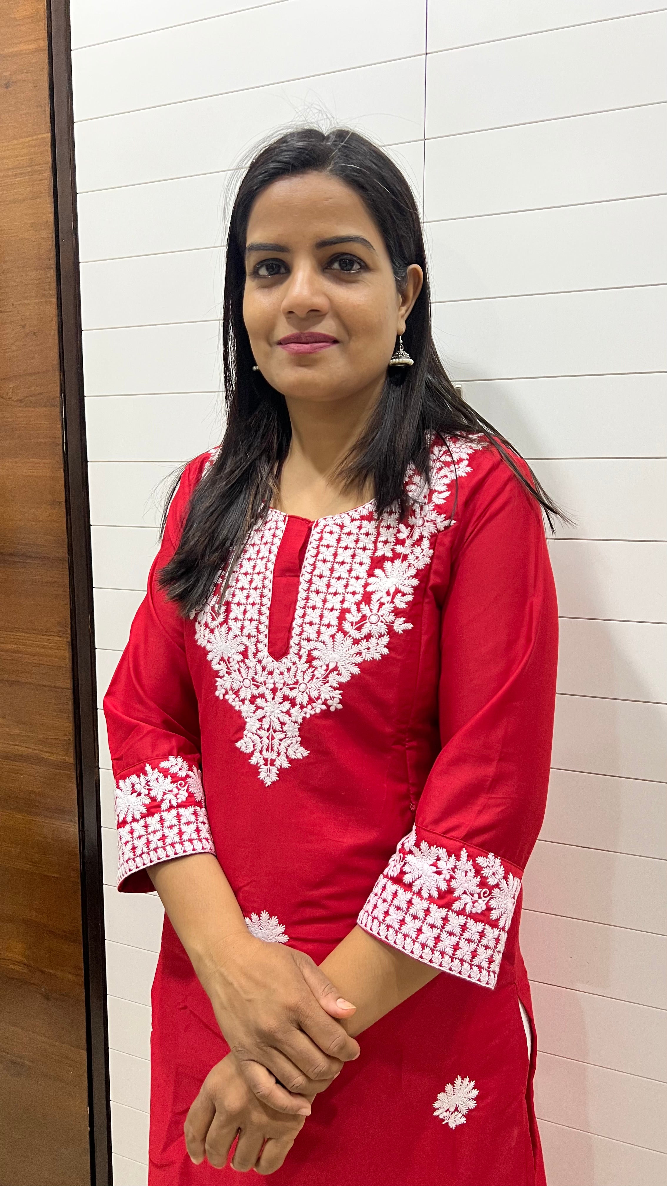 MUMZHUG Maslin Silk Embroidered Feeding Kurta with Attached Lining – Red Maternity & Nursing Kurta for Women