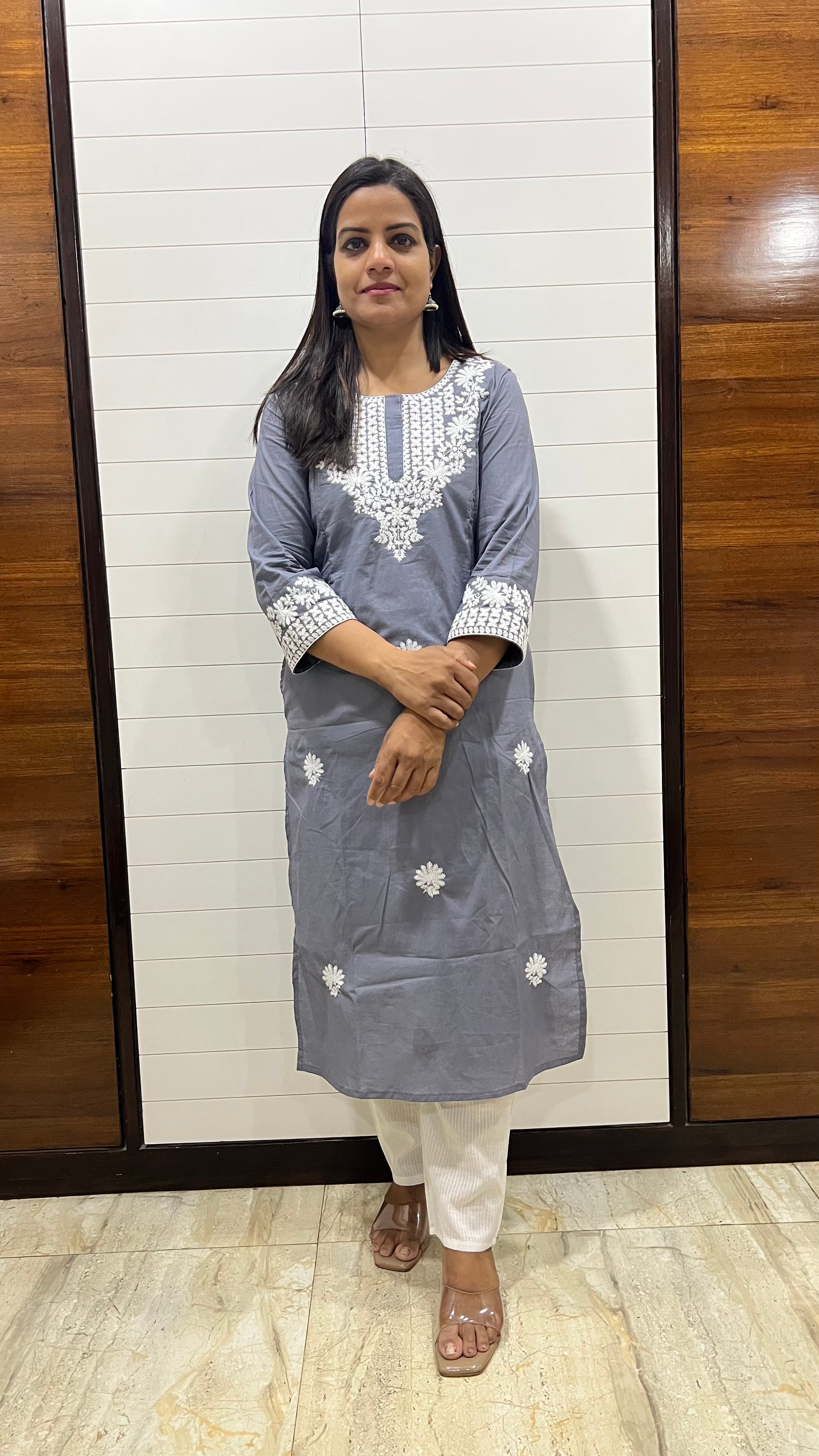 MUMZHUG Grey Pure Cotton Embroidered Feeding Kurta with Attached Lining – Maternity & Nursing Kurta for Women