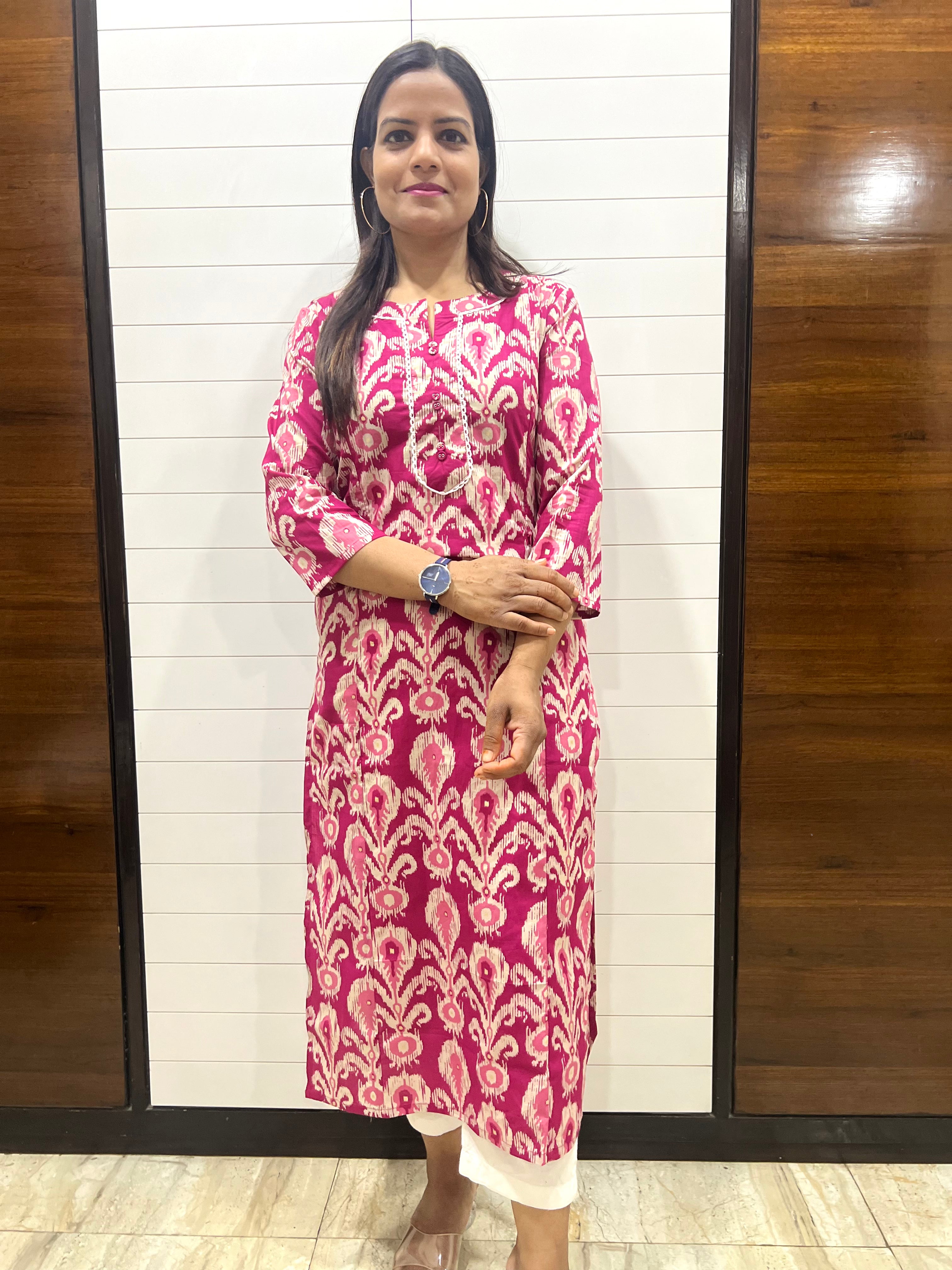 Mumzhug Pink Colored Ikkat Print Pure Cotton Feeding Kurta
