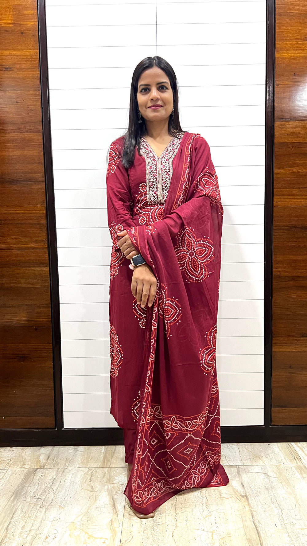 MUMZHUG Pure Cotton Maroon Bandhej Print Feeding Embroidered Kurta Pant with Dupatta Set | Stylish Maternity & Nursing Ethnic Wear for Women