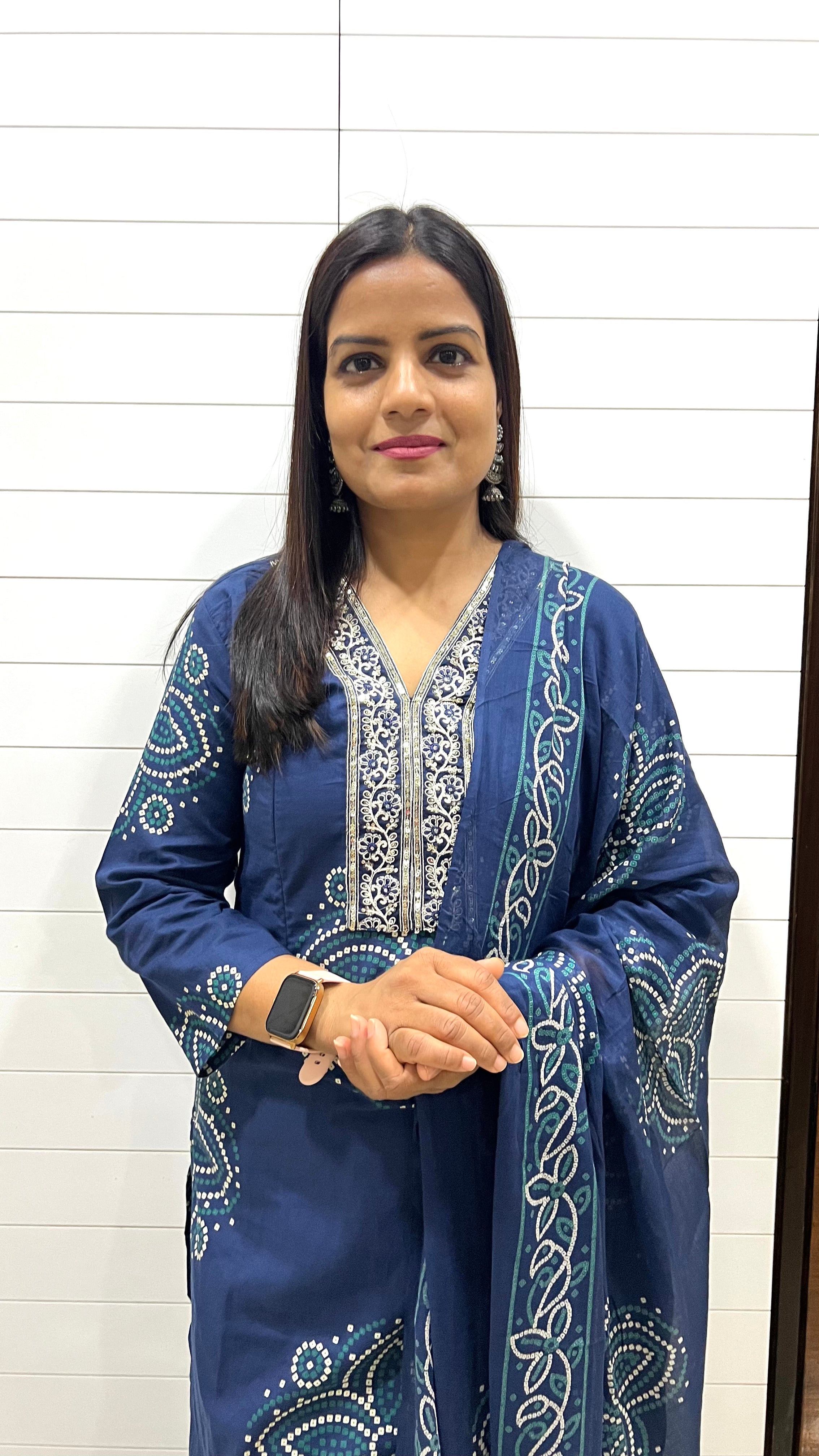 MUMZHUG Pure Cotton Blue Bandhej Print Feeding Embroidered Kurta Pant with Dupatta Set | Maternity & Nursing Ethnic Wear for Women