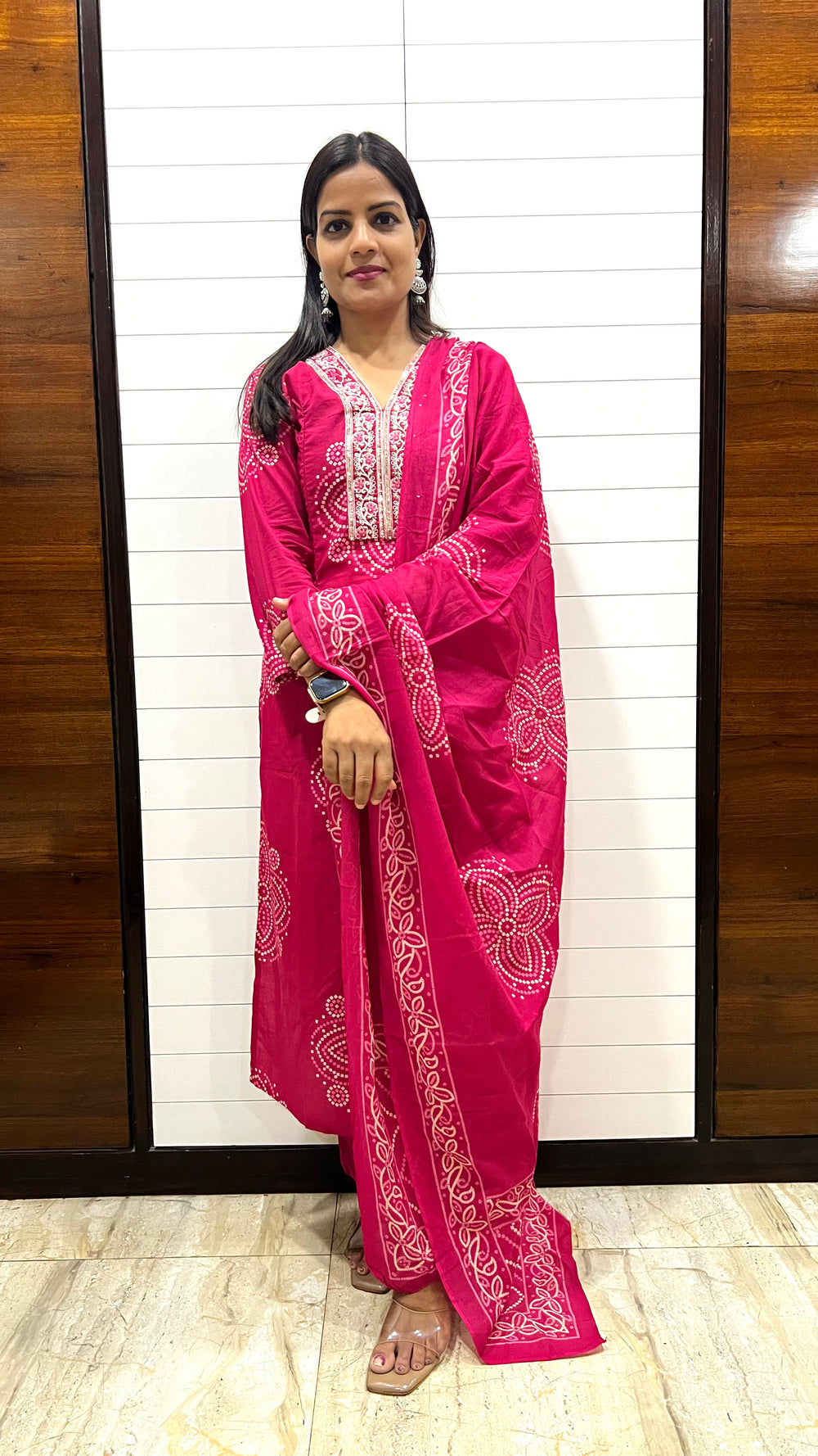 MUMZHUG Pure Cotton Fuchsia Bandhej Print Feeding Embroidered Kurta Pant with Dupatta Set | Maternity & Nursing Ethnic Wear for Women