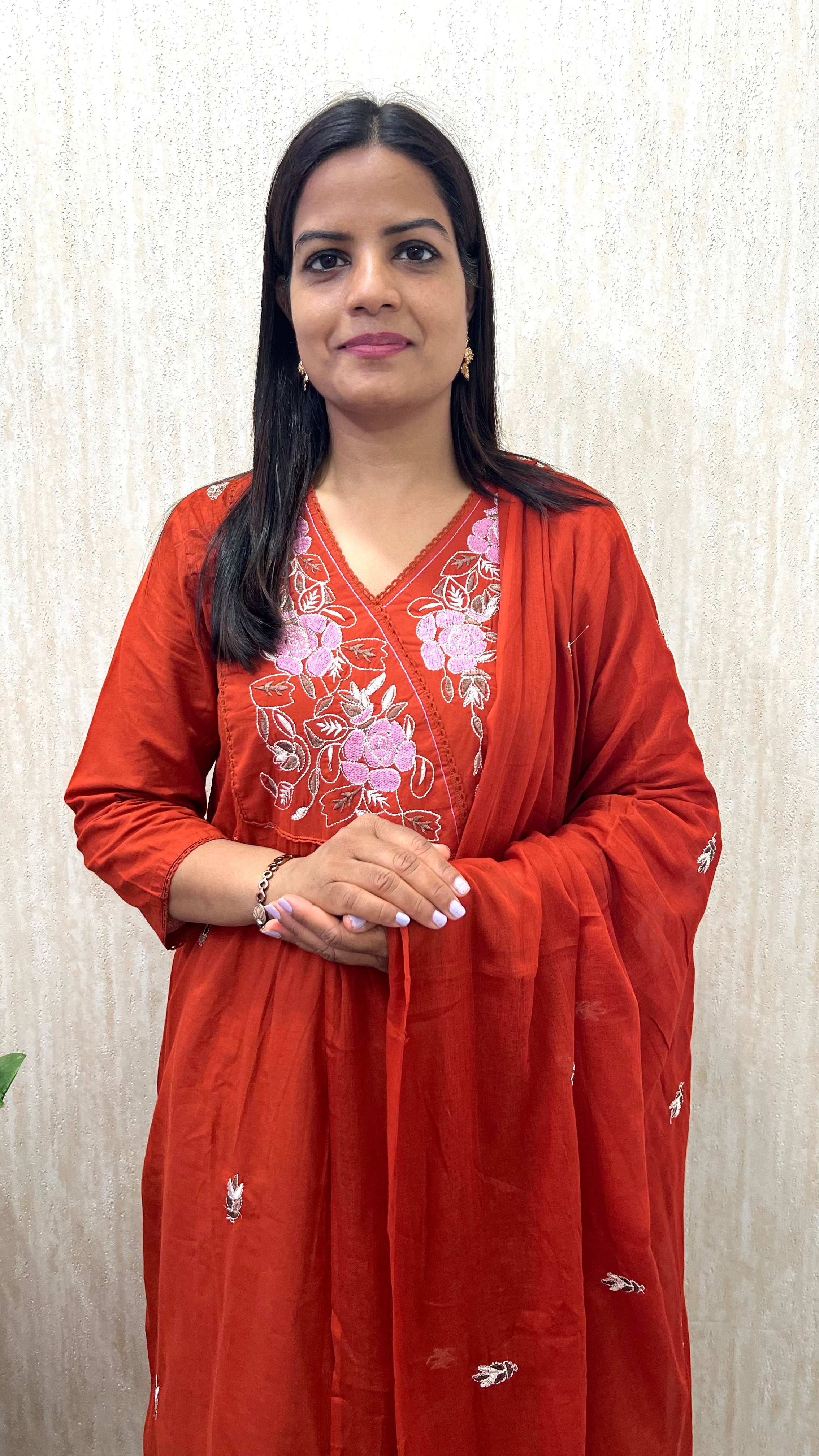 MUMZHUG Pure Cotton Rust Embroidered Feeding & Maternity Kurta Pant with Dupatta Set | Soft Cotton Nursing Wear