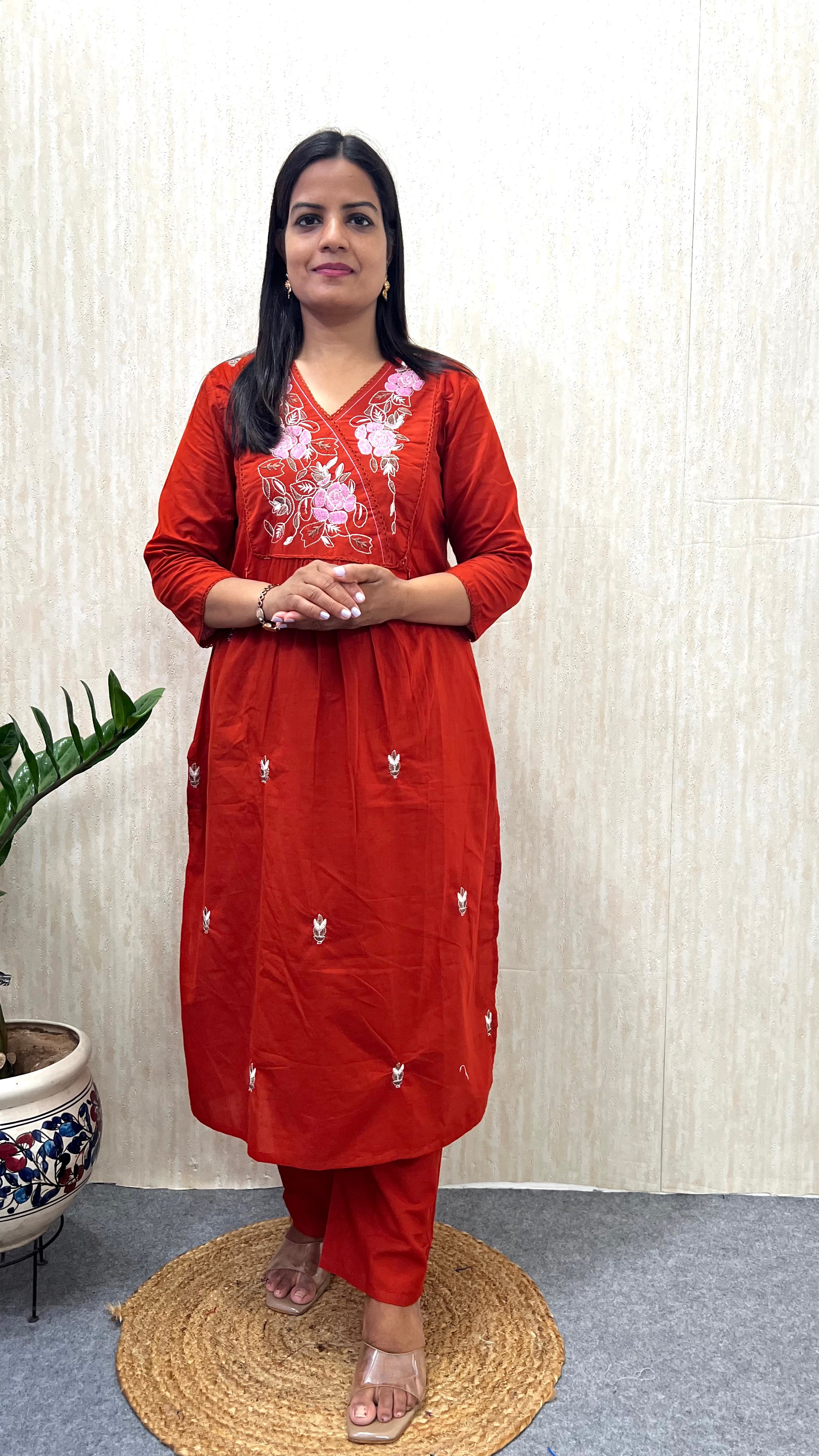 MUMZHUG Pure Cotton Rust Embroidered Feeding & Maternity Kurta Pant with Dupatta Set | Soft Cotton Nursing Wear