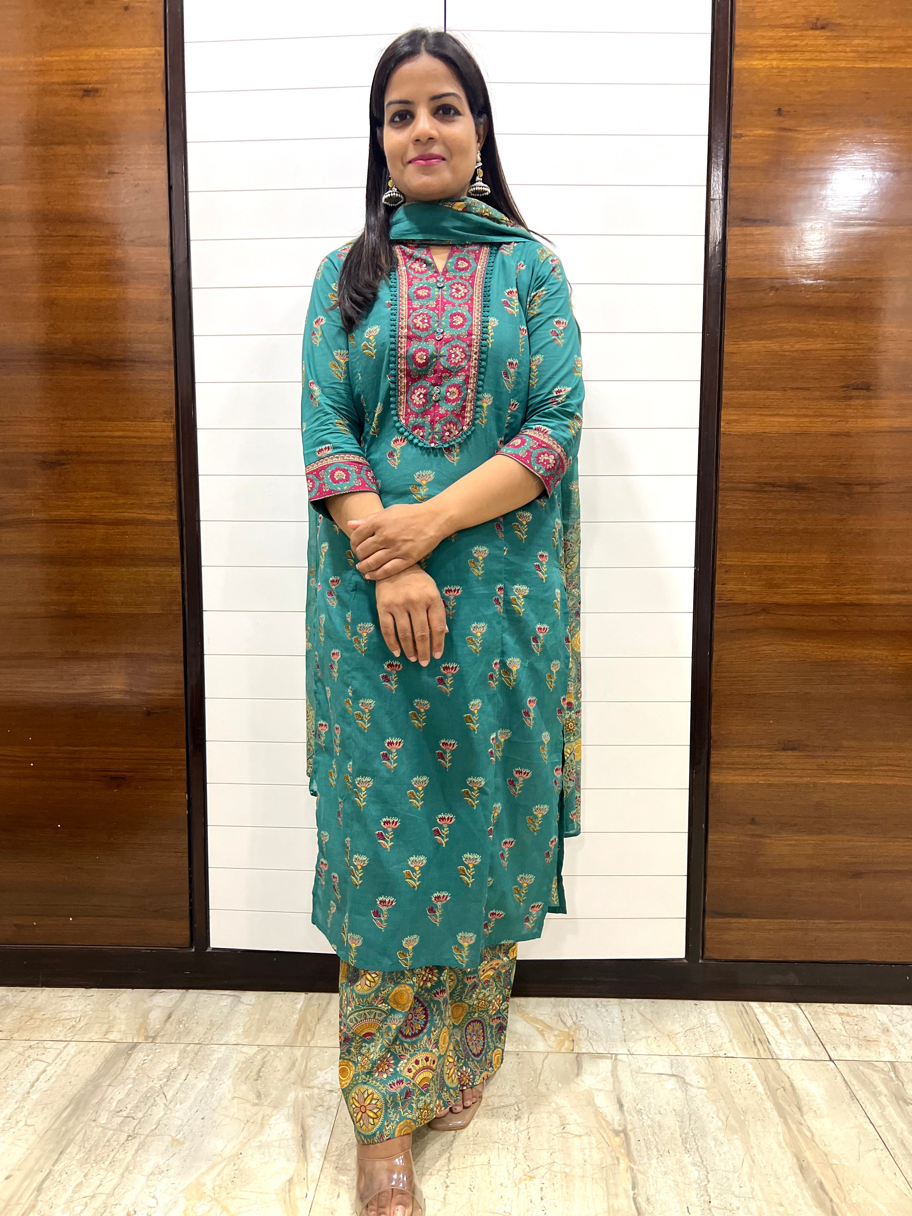 Mumzhug Gulnaar Bloom Pure Cotton Jaipuri Printed Feeding Kurta Pant with Dupatta Set
