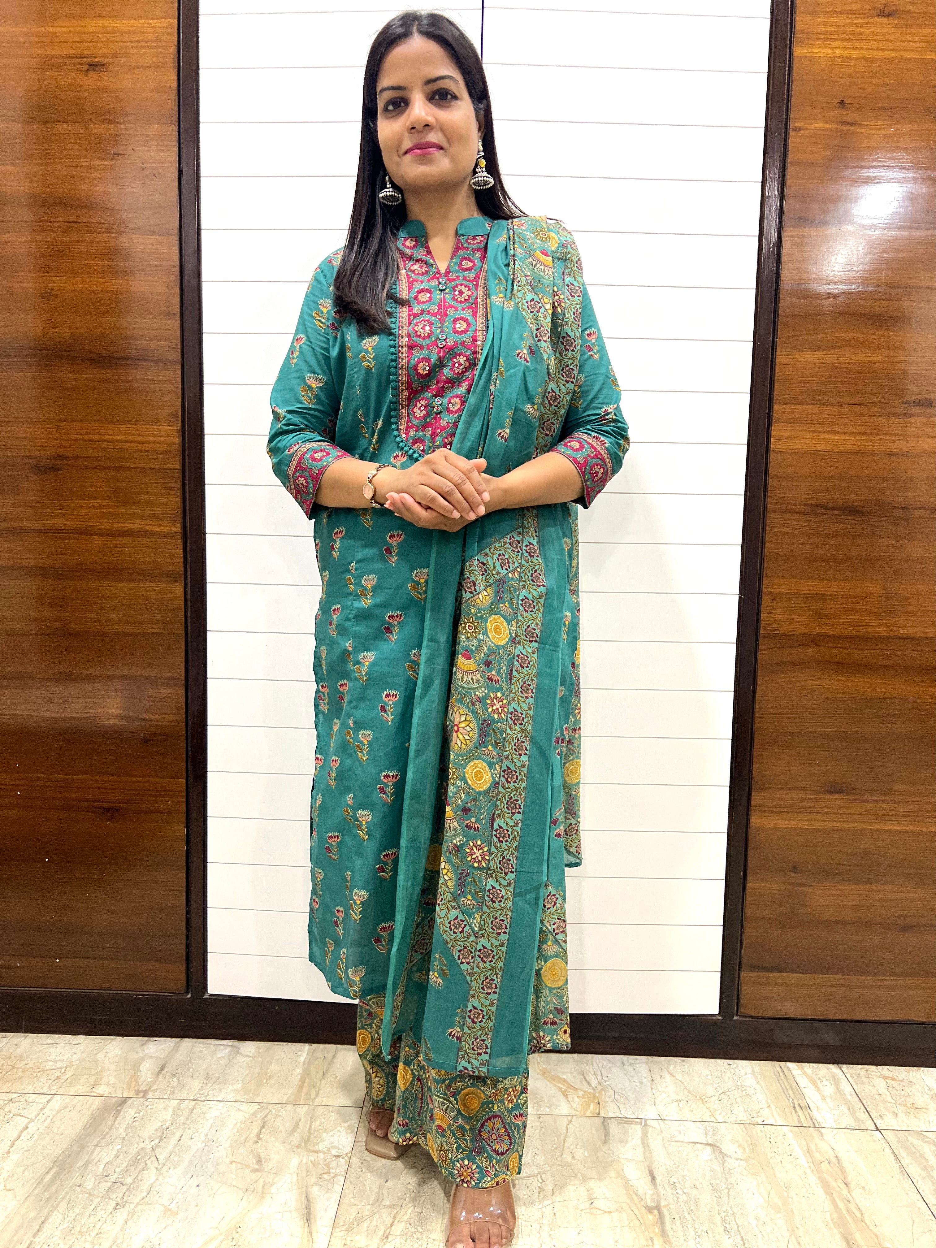 Mumzhug Gulnaar Bloom Pure Cotton Jaipuri Printed Feeding Kurta Pant with Dupatta Set