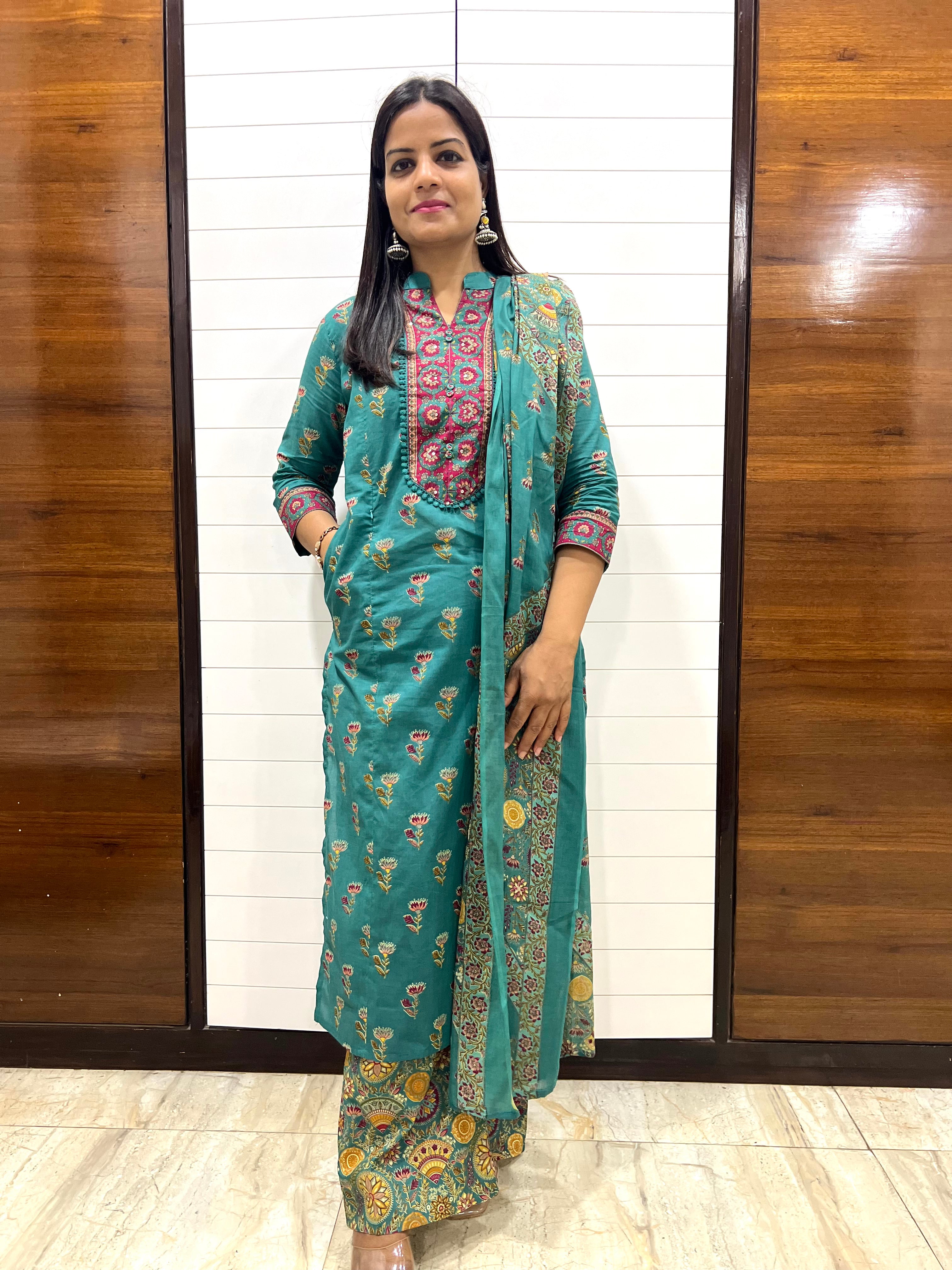 Mumzhug Gulnaar Bloom Pure Cotton Jaipuri Printed Feeding Kurta Pant with Dupatta Set