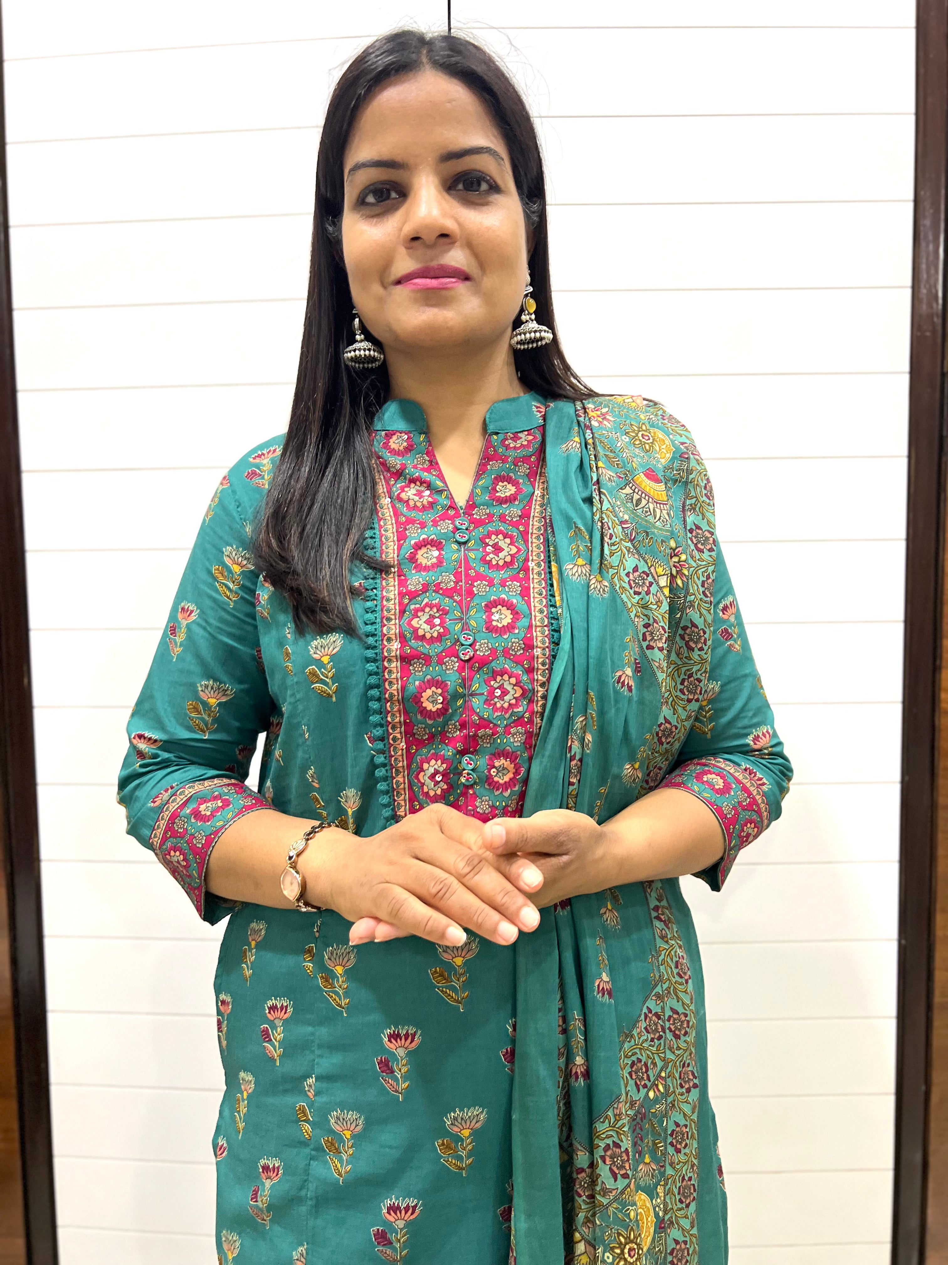 Mumzhug Gulnaar Bloom Pure Cotton Jaipuri Printed Feeding Kurta Pant with Dupatta Set